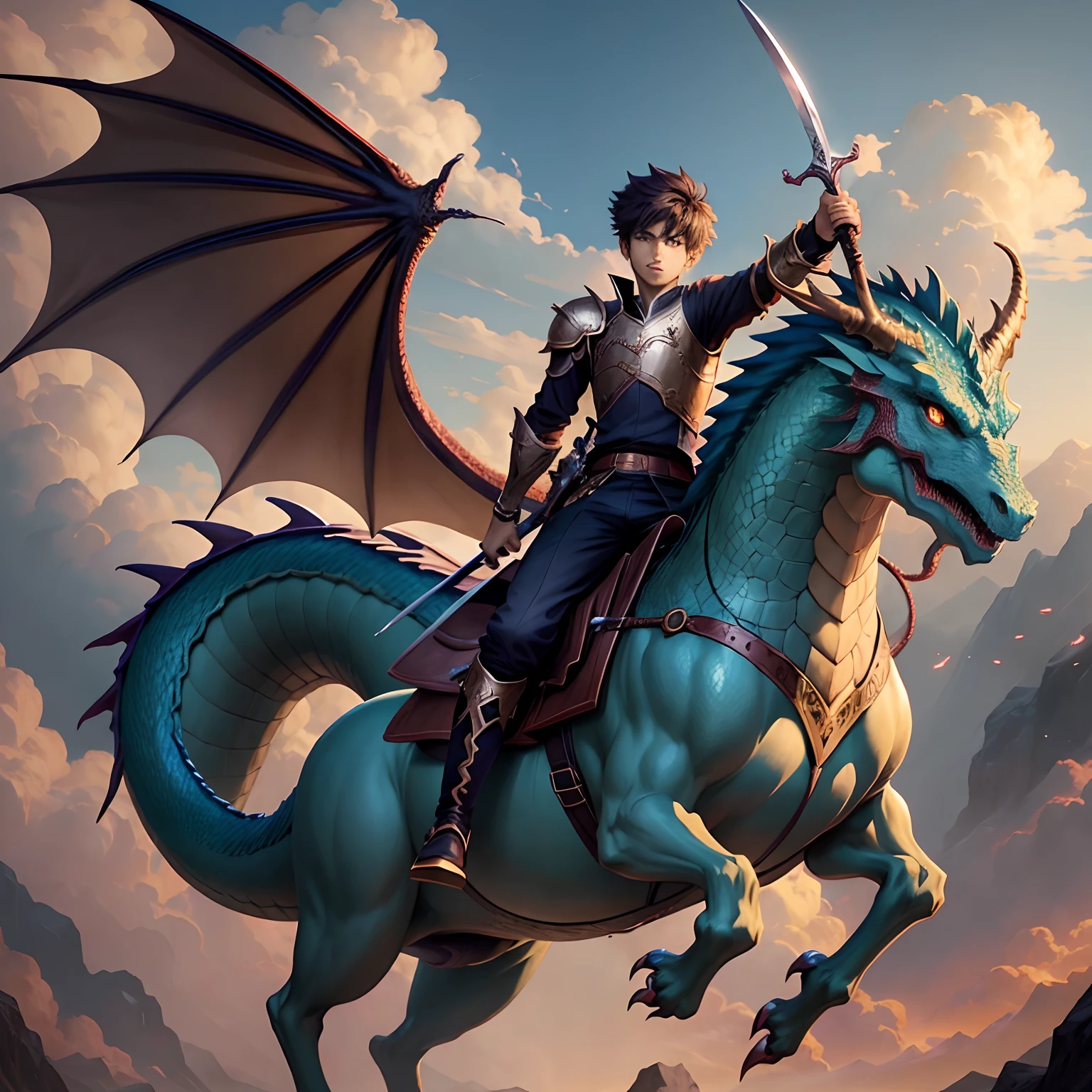 Anime-style image of a young boy riding a dragon with a sword., Dragon Rider, by Yang J, epic fantasy digital art style, epic fantasy art style, Dragon Knight, Epic Artwork Anime, epic fantasy style art, 2. 5 d cgi anime fantasy artwork, human and dragon fusion, Dragon Ride, anime fantasy illustration, epic fantasy art style hd