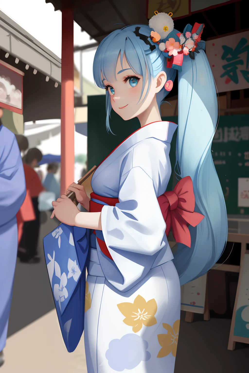 "Walk along the festive approach、18 year old girl with light blue twin tail hair。Festival stalls are lined up on both sides、She is wearing a yukata、Holding a fan in your hand。The style is anime style、Best Quality。"
"An 18-year-old girl with a cute smile drawn in the style of an Japan anime walking along the approach to the festival。She has long light blue hair in twin tails.、Wearing a yukata、Holding a fan in your hand。In the scene、Food stalls that are indispensable for the festival line up on both sides。"