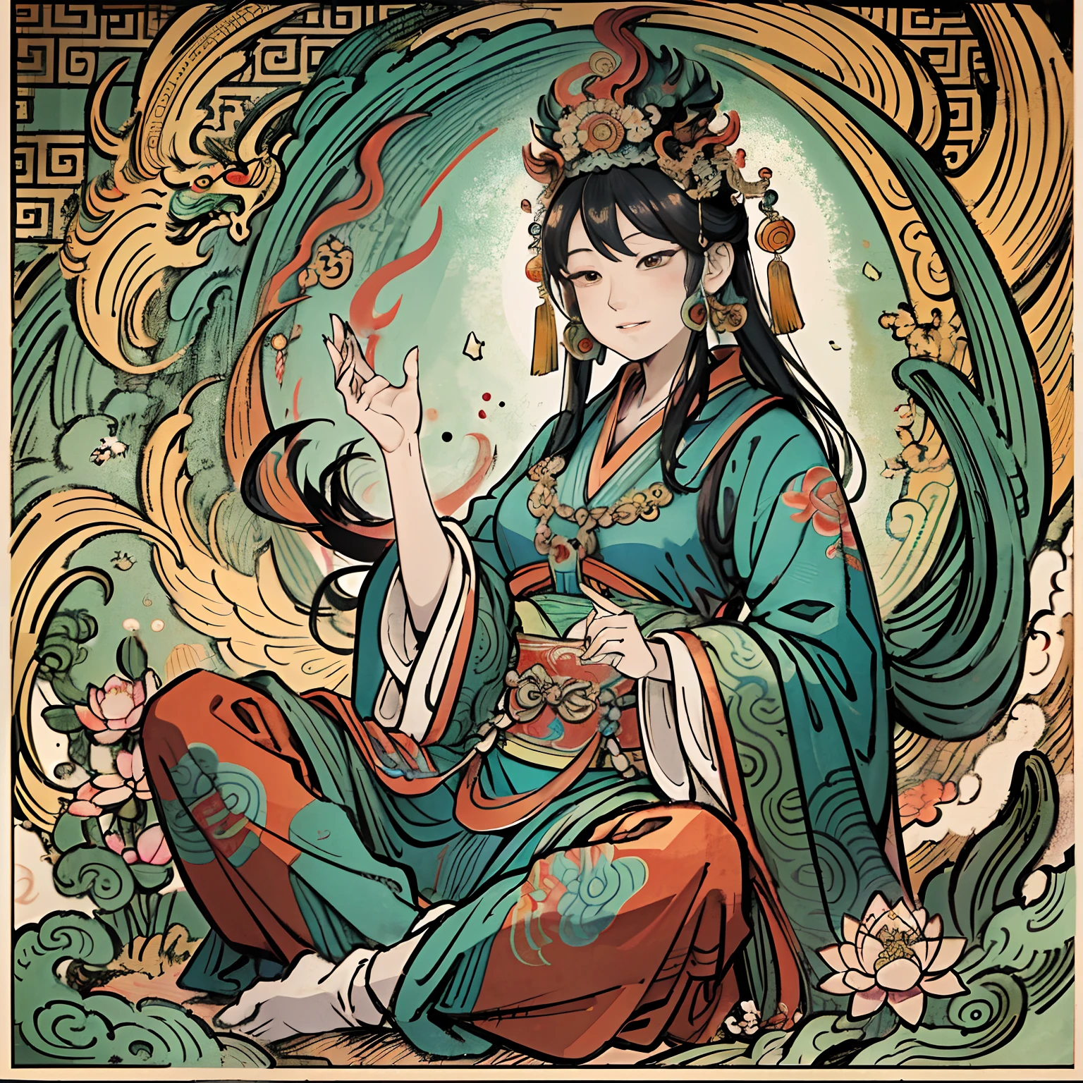 an ancient Chinese goddess, guanyin of the southern seas, Guanyin, Inspired by India, Avalokiteshvara rides a phoenix,,Serene expression,shui mo hua,Buddha,Buddhist,Lotus,Chinese painting style,Thangka style
