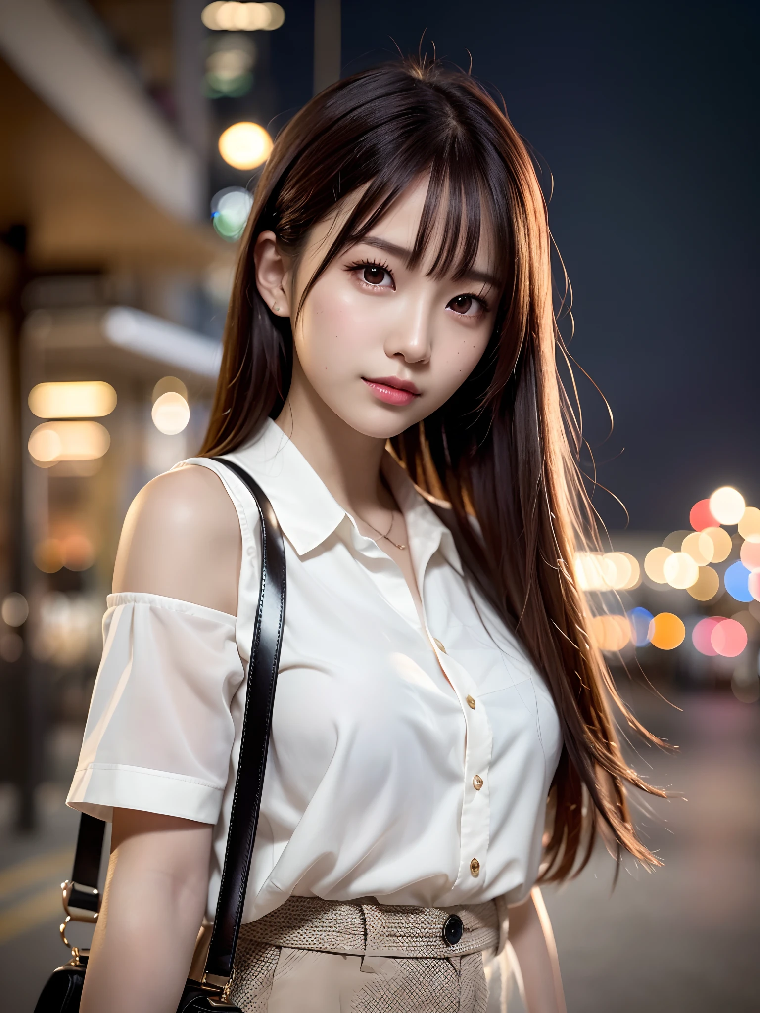 product quality, 1 girl per 1 photo, upper body shot, front view, a Japanese young pretty girl, long bob hair, wearing a marriage ring, night time, wearing a short sleeves collared pink blouse, wearing light brown pants, standing at a crowded wharf with a big smile, staring at the night view over the sea, a shoulder bag, hyper cute face, glossy lips, double eyelids for both eyes, natural makeup, shiny smooth light brown hair of long bob hair, asymmetrical bangs, tanned skin, central image, 8K resolution, high detail, detailed hairstyle, detailed face, cinematic lighting, octane rendering, hyper realistic, perfect limbs, perfect anatomy