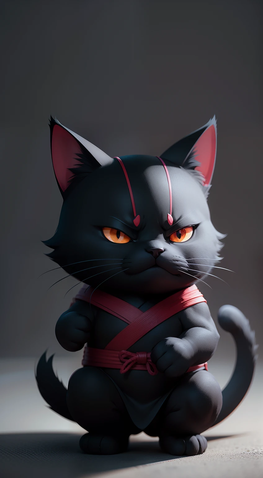 Create a vibrant dark fantasy cute ninja cat in a clean-lined minimalistic cartoon style, octane render, 8k
