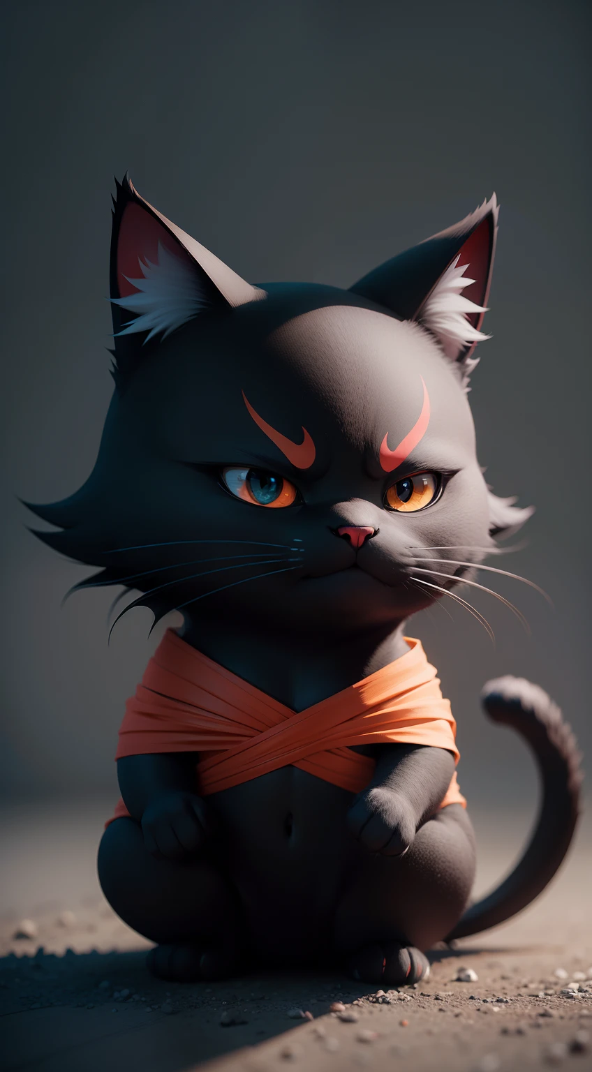 Create a vibrant dark fantasy cute ninja cat in a clean-lined minimalistic cartoon style, octane render, 8k
