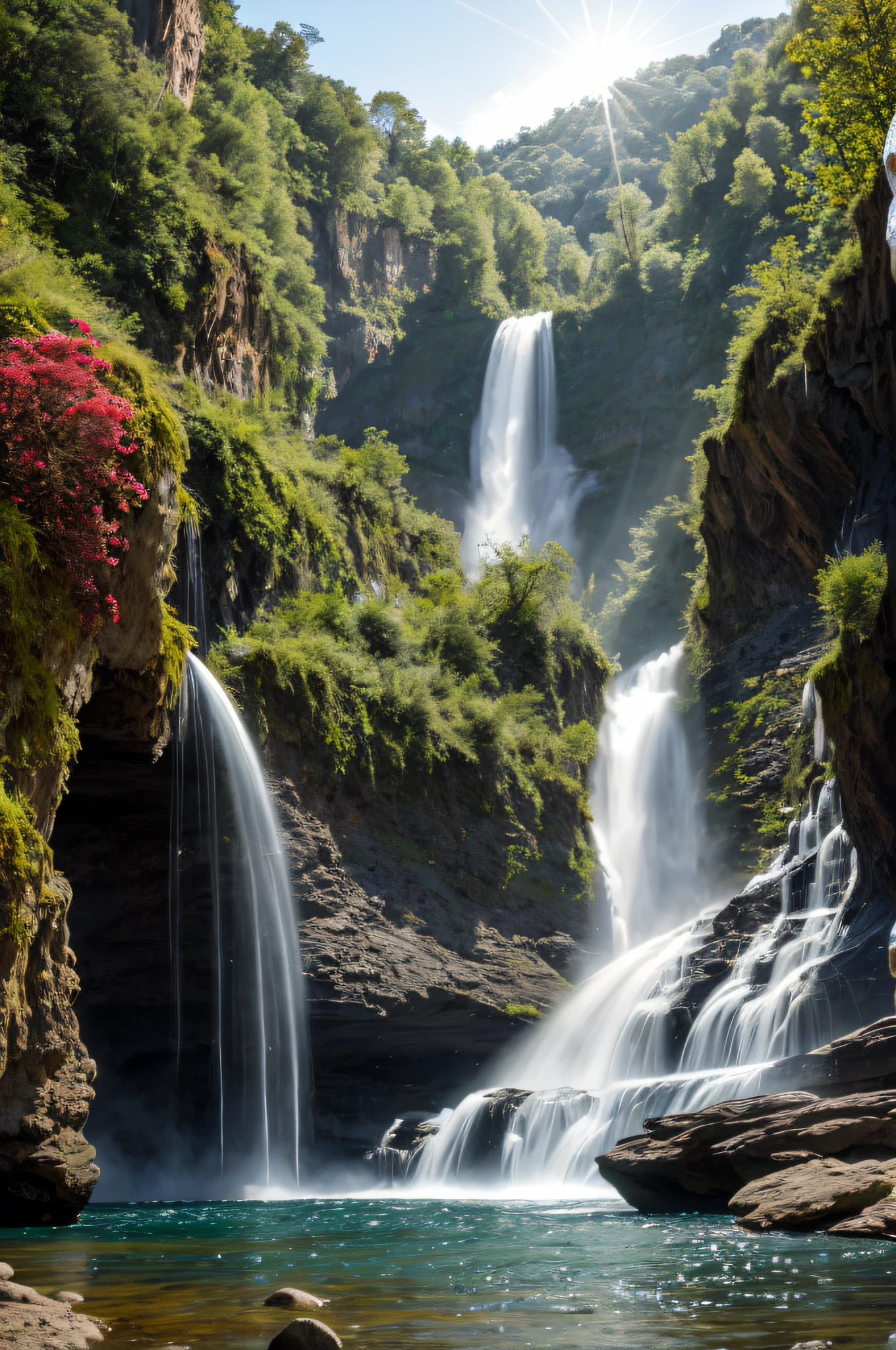 (Big waterfalls) butterflies, unicorn, fantasy, mermaids, forest, cliffs, wildflowers, fairies, hotsprings, Cinematic RAW photo, hyper real photo, ultrarealistic, 8k uhd, dslr, soft lighting, high quality, film grain, Fujifilm XT3, photographed on a Kodak Retina II Sanyo Xacti VPC-CA6, 50mm lens, Wide Angle, Sunrays shine upon it, HDR, hyper-realistic, colorgraded, volumetric lighting, [volumetric fog, moist], shallow depth of field, reflections, photo, deep water floating sparkling splashing rainbows, waves, flowing, glistening, iridescent, rainbow, glimmering, flowers, foam, wet, dripping, splashing, crystal jewels, treasure, steam, water, (masterpiece) (best quality) (detailed) (8k) (HDR) (wallpaper) (cinematic lighting) (sharp focus) (intricate)