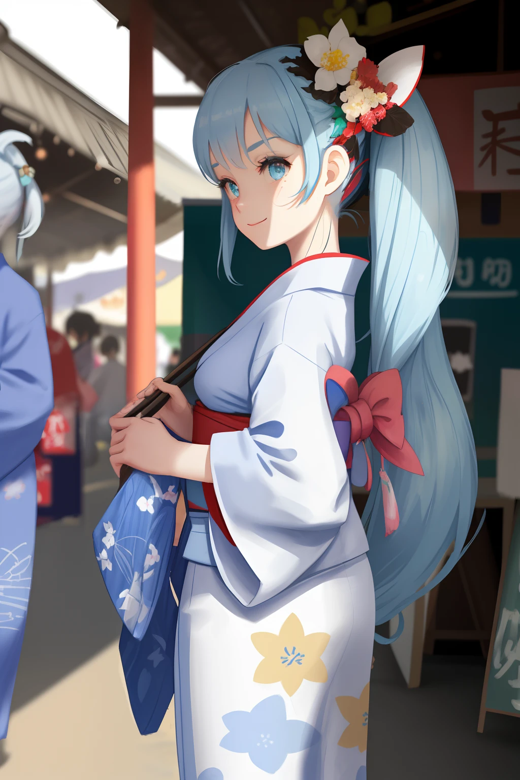 "Walk along the festive approach、18 year old girl with light blue twin tail hair。Festival stalls are lined up on both sides、She is wearing a yukata、Holding a fan in your hand。The style is anime style、Best Quality。"
"An 18-year-old girl with a cute smile drawn in the style of an Japan anime walking along the approach to the festival。She has long light blue hair in twin tails.、Wearing a yukata、Holding a fan in your hand。In the scene、Food stalls that are indispensable for the festival line up on both sides。"