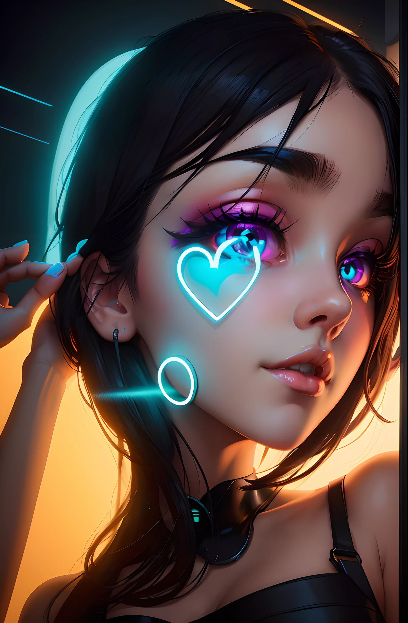 Anime girl with neon heart eyes and black hair, menina cyberpunk sonhadora, retrato da menina de glowwave, rossdraw desenho animado vibrante, rossdraws global illumination, bela arte digital, stunning digital illustration, brilho cyberpunk brilhante, olhos brilhantes neon, arte digital neon, Arte digital Ilya Kuvshinov, Arte no estilo de Guweiz, cara bonita da menina cyberpunk