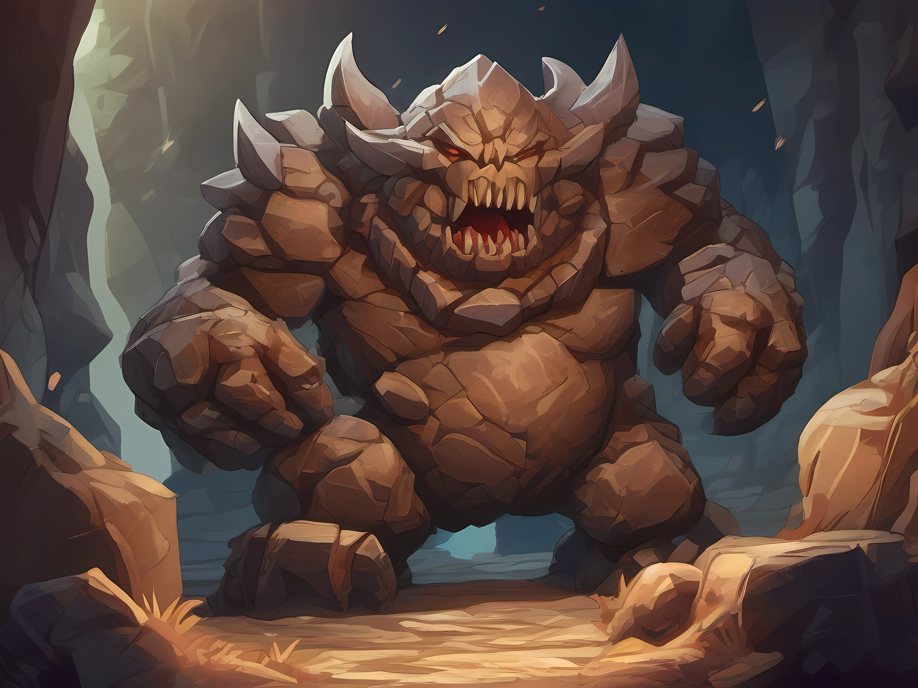 cartoon illustration of a rock elemental rock monster in a dungeon, fantasy rock monster portrait, brown rocky elemental rock monster, fantasy rock enemy, rock monster character art, rock elemental standing, medium portrait of a rock monster, earthy theme, fantasy rock enemy, portrait of a rocky enemy, mobile game art, stylized game art, 2d game art, 2 d game art, digital illustration, dungeon background, high detail, high quality, concept art, character design