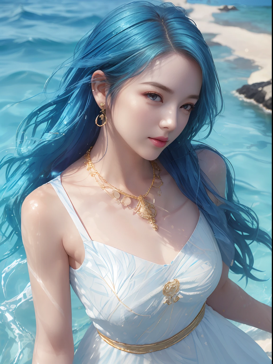 1girl in, Solo, Blue hair, (Swimming), (ocean), makeup, pink lipsticks, Parted lips,  Long hair, hair messy, Cute, Ultra-detailed, Illustration, Convoluted, Detailed, Extremely detailed, Detailed face, Soft lighting, Soft light, Soft Focus, Perfect face, Beautiful, accurate anatomy, Overexposure, 8K, 4K, (hight resolution:1.1), Best Quality, (masutepiece:1.3), (waist-up:1.1), flat chest, earrings, Gold Jewelry, Gold necklace, spark of light, Glow, (From below:0.5), Blue sky, ocean, llight rays, (White Dress:1.2), Wind