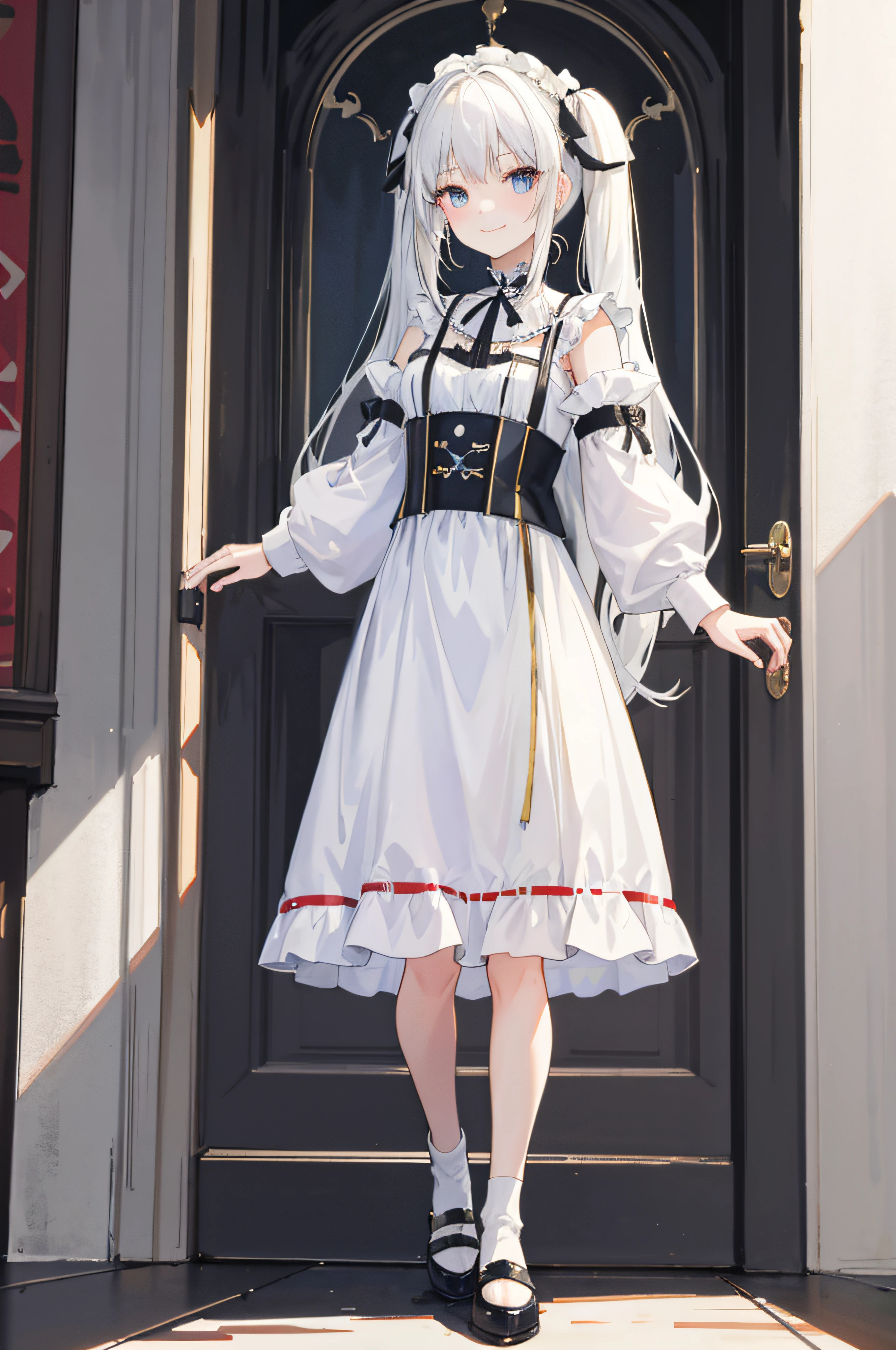 masterpiece, best quality, 1girl, solo, long_hair, looking_at_viewer, white hair twintails, grees eyes, smile, bangs, poor peasant dress europe, full body