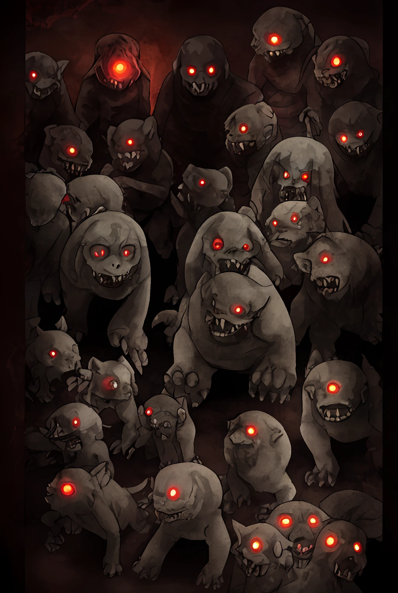 a close up of a bunch of zombies walking in a line, hellhounds, scary creatures, numerous dimly glowing eyes, eldritch horrors, cerberus, the hydra from path of exile, vorestation borg hound, nightmare creatures, with red glowing eyes, cryptids, shadowy creatures, red glowing eyes, energetic beings patrolling