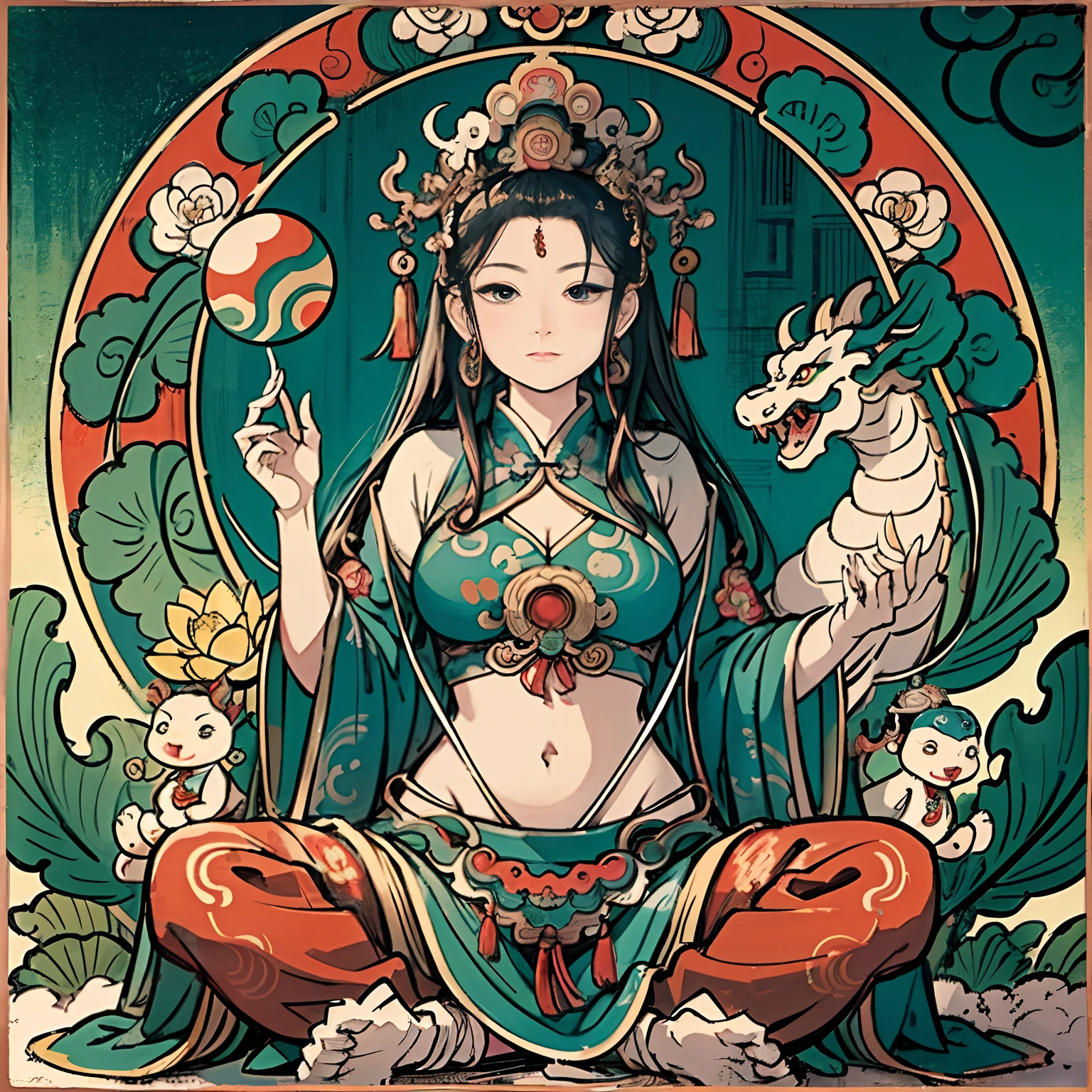an ancient Chinese goddess, guanyin of the southern seas, Guanyin, Inspired by India, Avalokiteshvara rides a dragon,Serene expression,shui mo hua,Buddha,Buddhist,Lotus,Chinese painting style,Thangka style