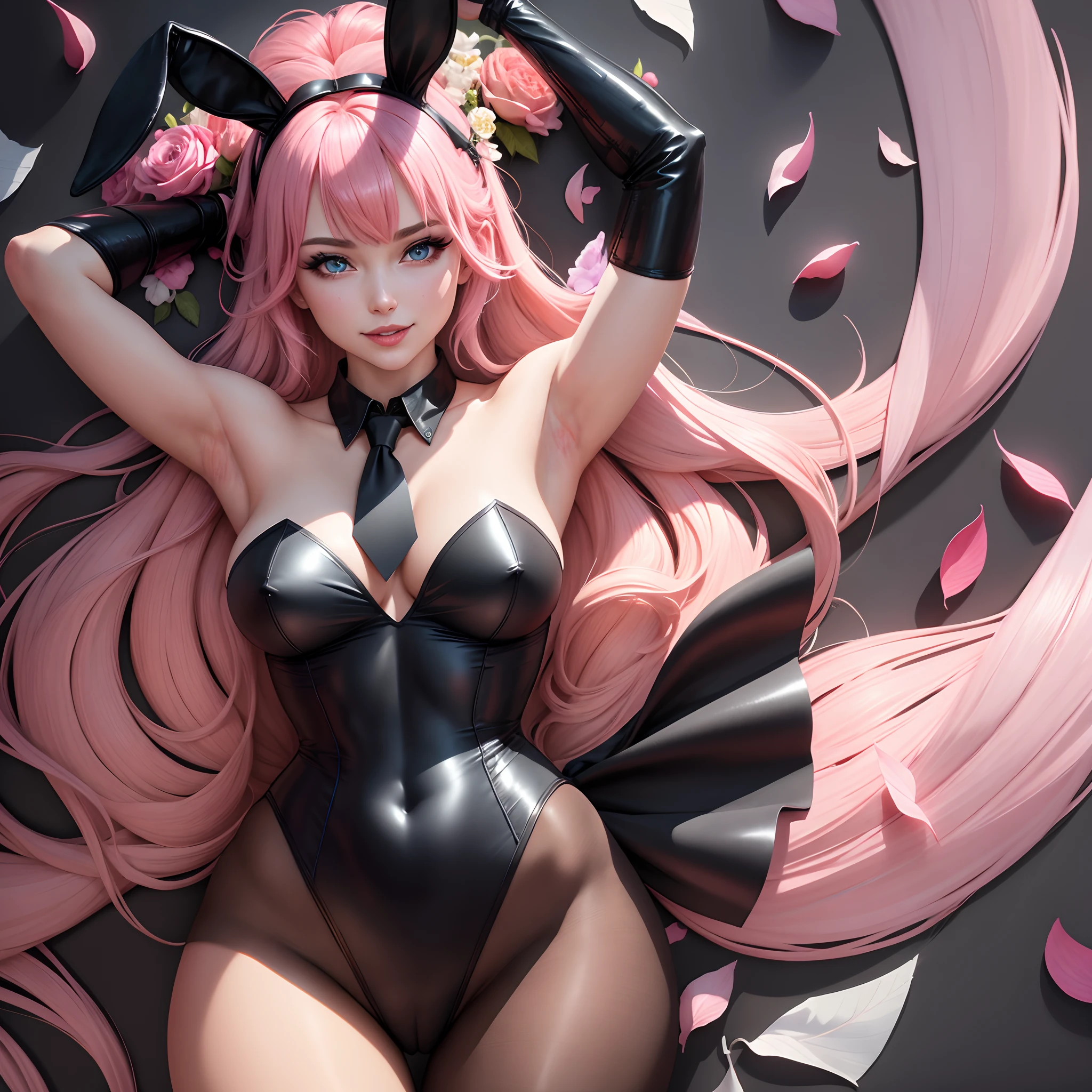 1girl, animal_ears, armpits, arms_up, bare_shoulders, between_breasts, black_leotard, black_necktie, blue_eyes, bow, breasts, cherry_blossoms, cleavage, confetti, detached_collar, fake_animal_ears, falling_petals, heart, leotard, long_hair, looking_at_viewer, medium_breasts, necktie, pantyhose, parted_lips, petals, petals_on_liquid, pink_hair, playboy_bunny, rabbit_ears, rabbit_tail, rose_petals, smile, solo, strapless, tail, wrist_cuffs
(Masterpiece, Hypermaximalist, Maximalism, Best Quality, 8k, Highres, Absurdres, 4k, High Quality, Ultra High Res, Highest Quality, Ultra Detailed, 8k Uhd, Realistic, Highly Detailed, Ultra-Detailed:1.0),
(Cinematic Lighting, Hdr, Raw Photo, Sharp Focus, Photorealistic, Realistic:1.0),