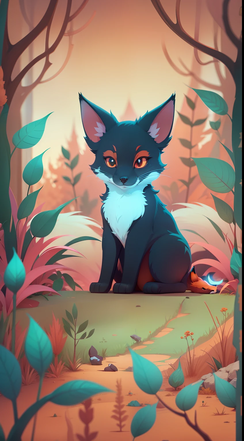 Create a vibrant dark fantasy cute fox cat in a clean-lined minimalistic cartoon style, octane render, 8k