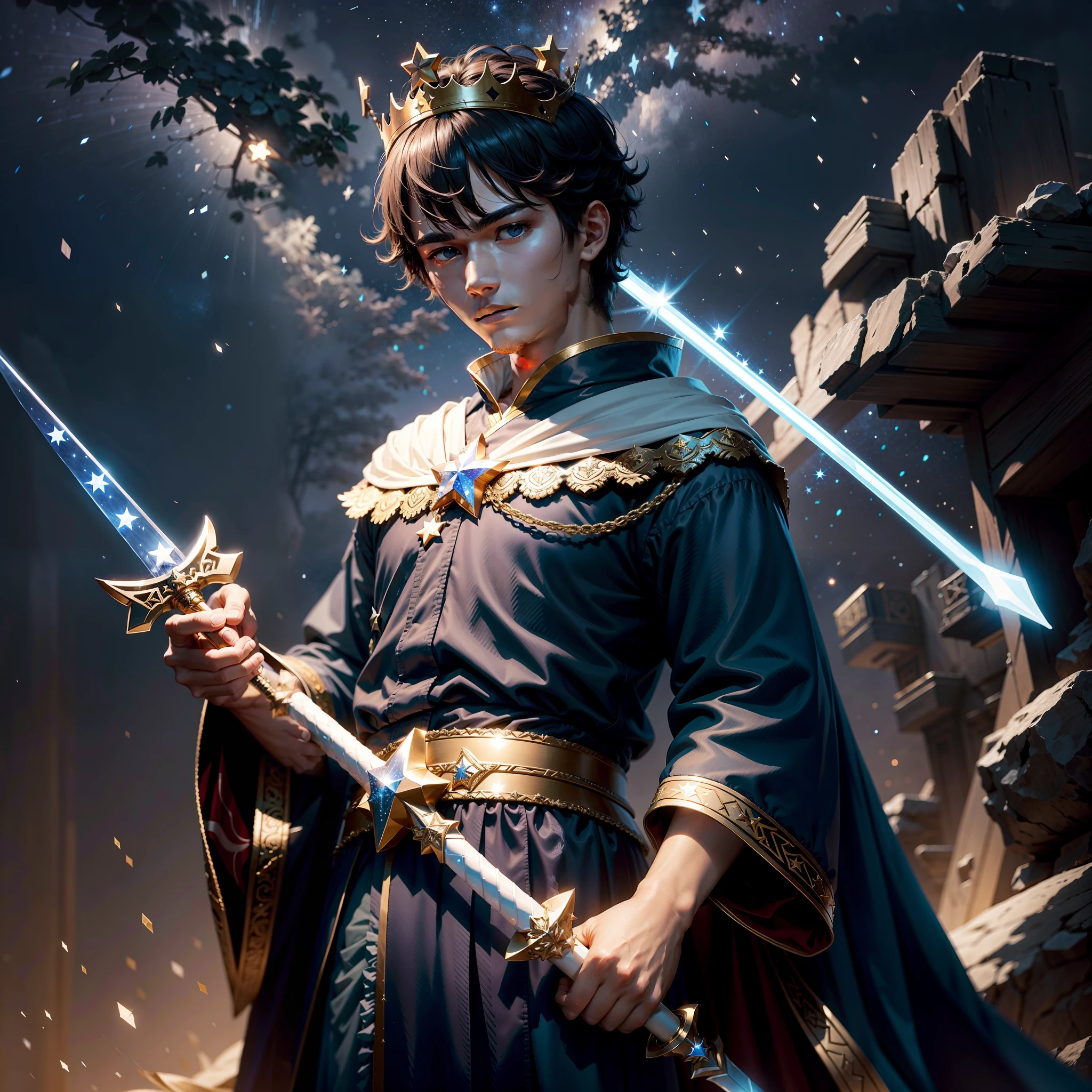 Under the stars，The man wears a crown of stars on his head，Hold the star staff in his left hand，Holding the Star Sword in his right hand。