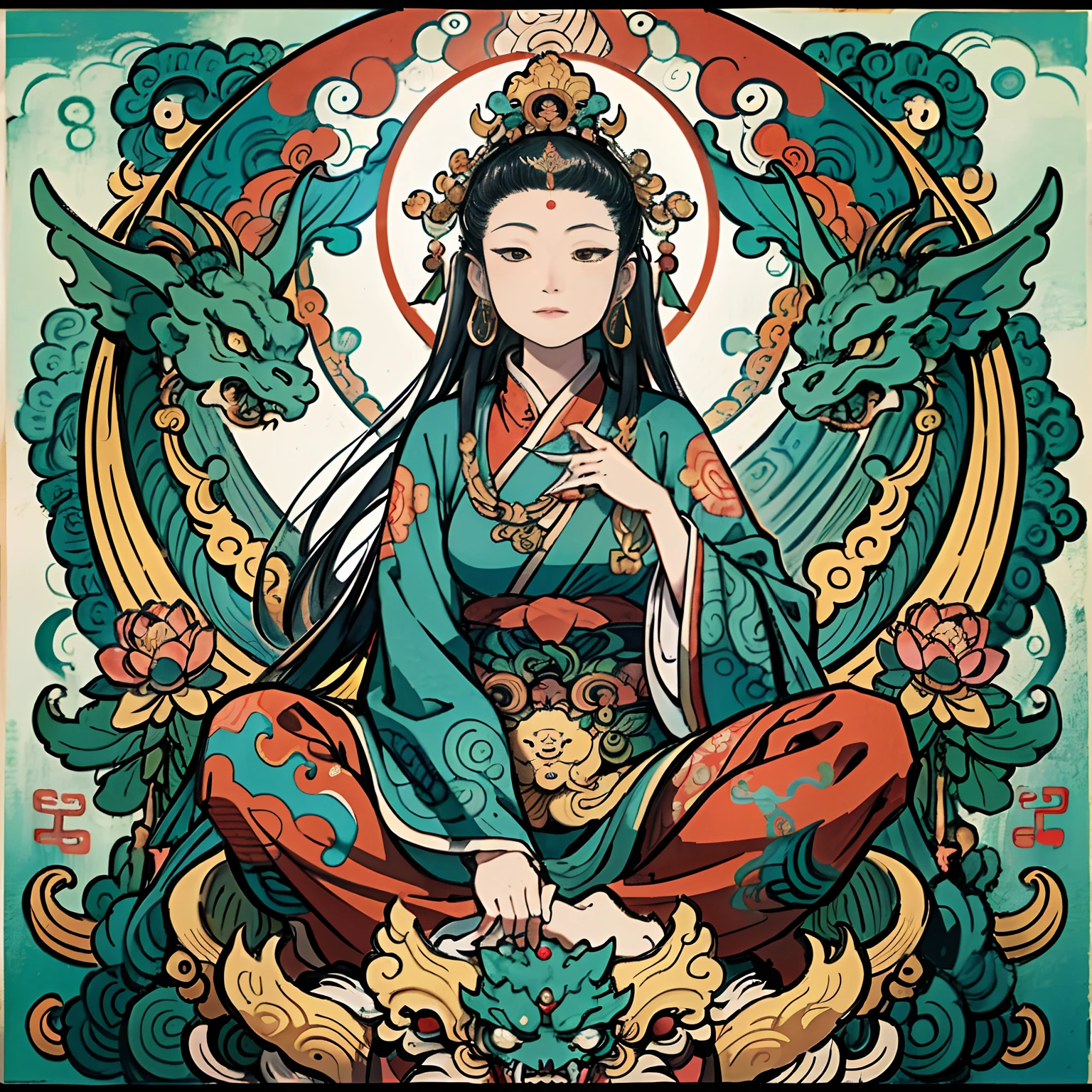 an ancient Chinese goddess, guanyin of the southern seas, Guanyin, Inspired by India, Avalokiteshvara rides a dragon,Serene expression,shui mo hua,Buddha,Buddhist,Lotus,Chinese painting style,Thangka style