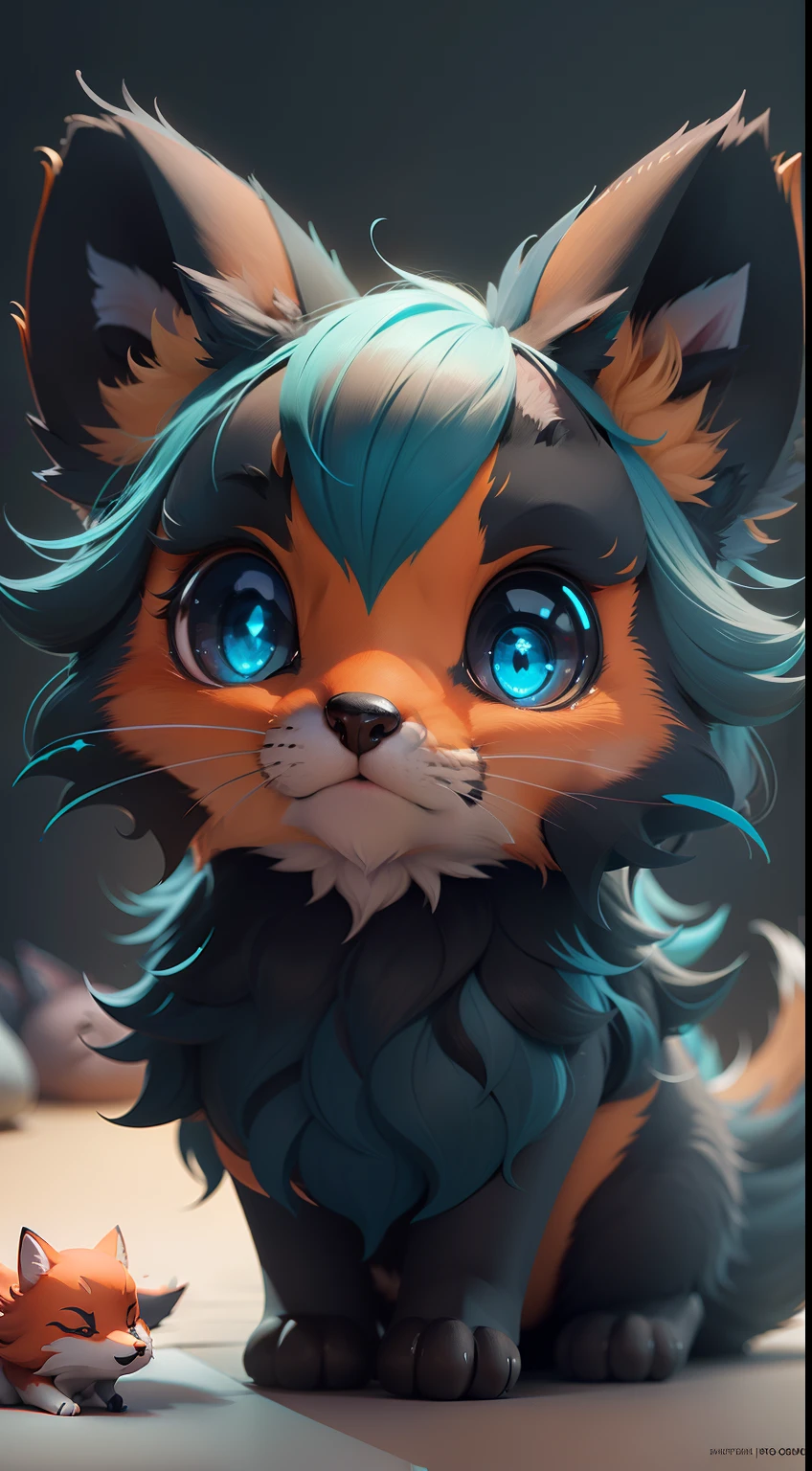 Create a vibrant dark fantasy cute fox cat in a clean-lined minimalistic cartoon style, octane render, 8k