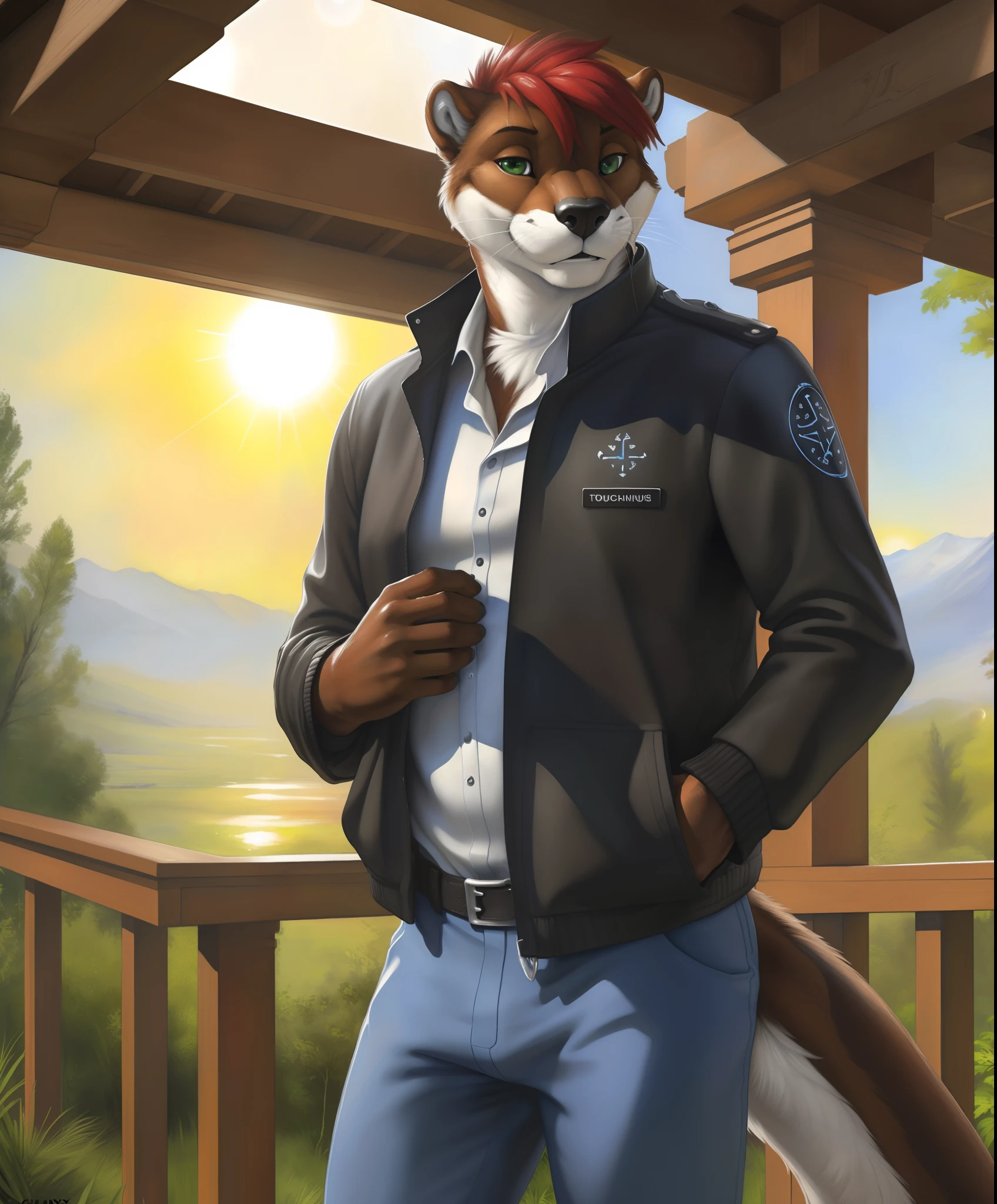 (hi res, absurd res, ultradetailed, intricate details), ((detailed face)), anthro (otter), good composition, indoor, porch, garden, outside:1.25, (by zaush, by anhes, by chunie, by truegrave9, by fluffx, by sigma_x), (detailed eyes, sun reflection in eyes), looking at viewer, posing, (by ewgengster \(artist\), by ruaidri, by sicklyhypnos, by tush, by daigaijin, by nirvana3, by ryuuzenga, by longinius, by toots, by blotch), (traditional media \(artwork\)):1.25,, clothed, scars, red_hair, green_eyes, pants, jacket, pupils, curled_tail, tail, 5_fingers):1.25, (runes, sigils, symbols):1.5,