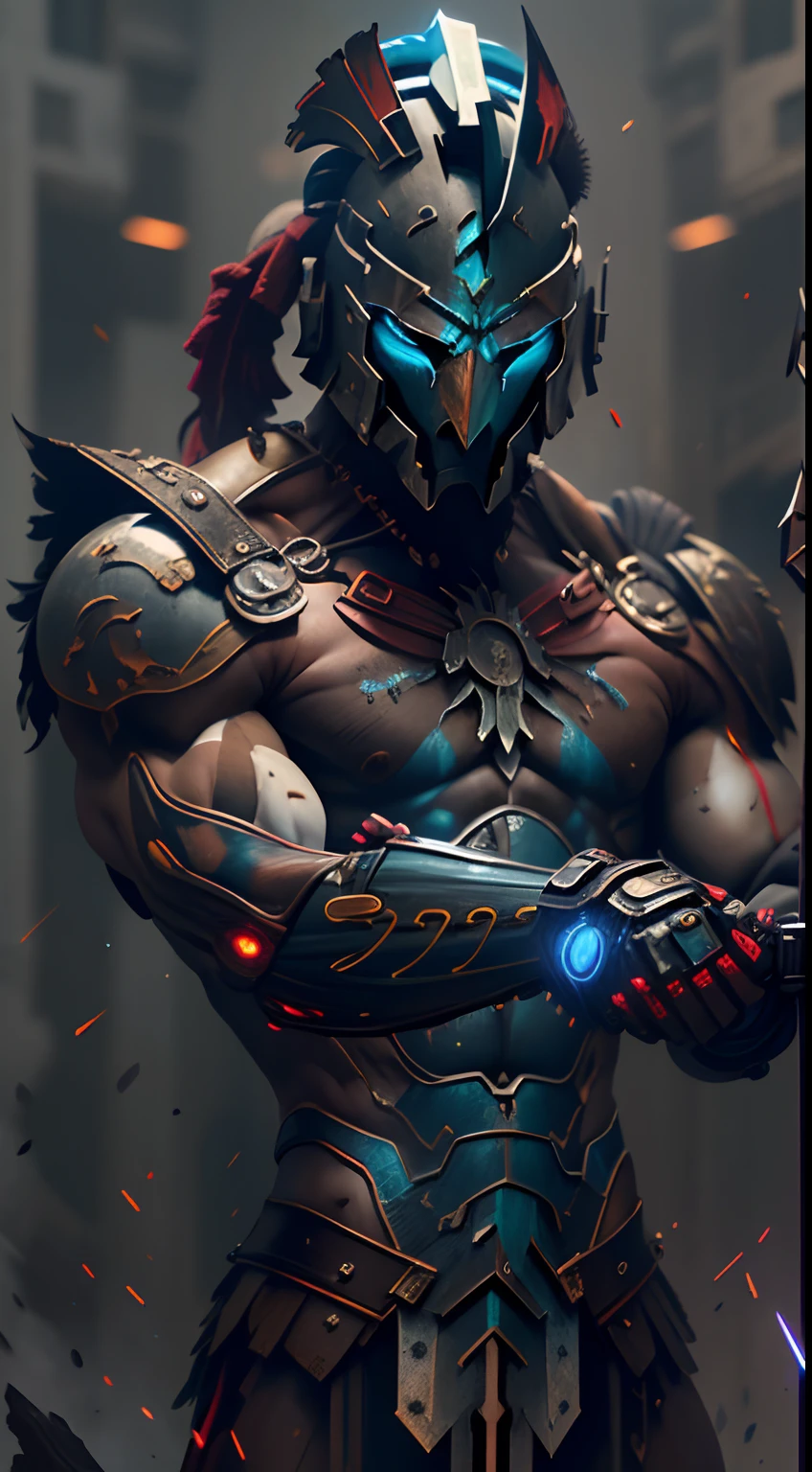 (Ultra resolution 8K), impresionante obra maestra,Cyberpunk Spartan warrior as titan of the digital age. Dressed in biomechanical armor of dark and metallic tones. His cybernetic helmet frames a resolute face, in which cybernetic eyes glow with flashes of blue light. Luminescent circuit lines snake through your skin, And digital tattoos change pattern as they connect to the global network. Its robotic limbs glide with deadly precision, while its modified human body exhibits sculpted and streamlined musculature.The warrior wields a sword with a nanotechnology blade, whose advantage adapts to each enemy and situation, The Cyberpunk warrior Spartan embodies a unique fusion between ancestral strength and technological innovation. Su presencia inspira respeto y asombro, Reminding everyone that even in the age of machines, The indomitable essence of the warrior continues to burn in his heart of metal and flesh.(Quality lighting), Spectral illumination, agregar efecto al final