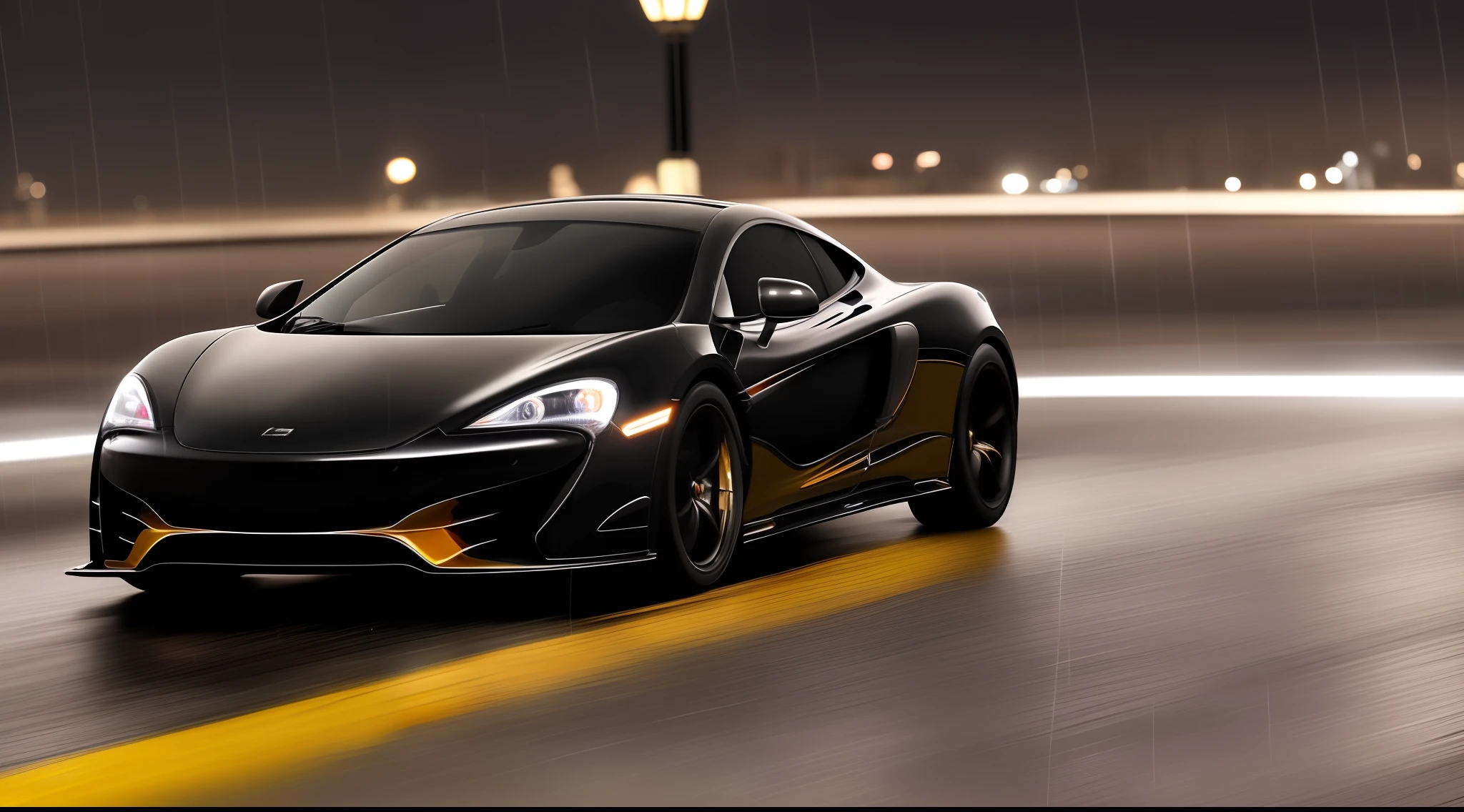 Black McLaren with gold little lines on his skin going fast in a rainy night, and Emma stone is the driver (realistic), (high quality car) ,(detailed car) camera fat away , ((London city))