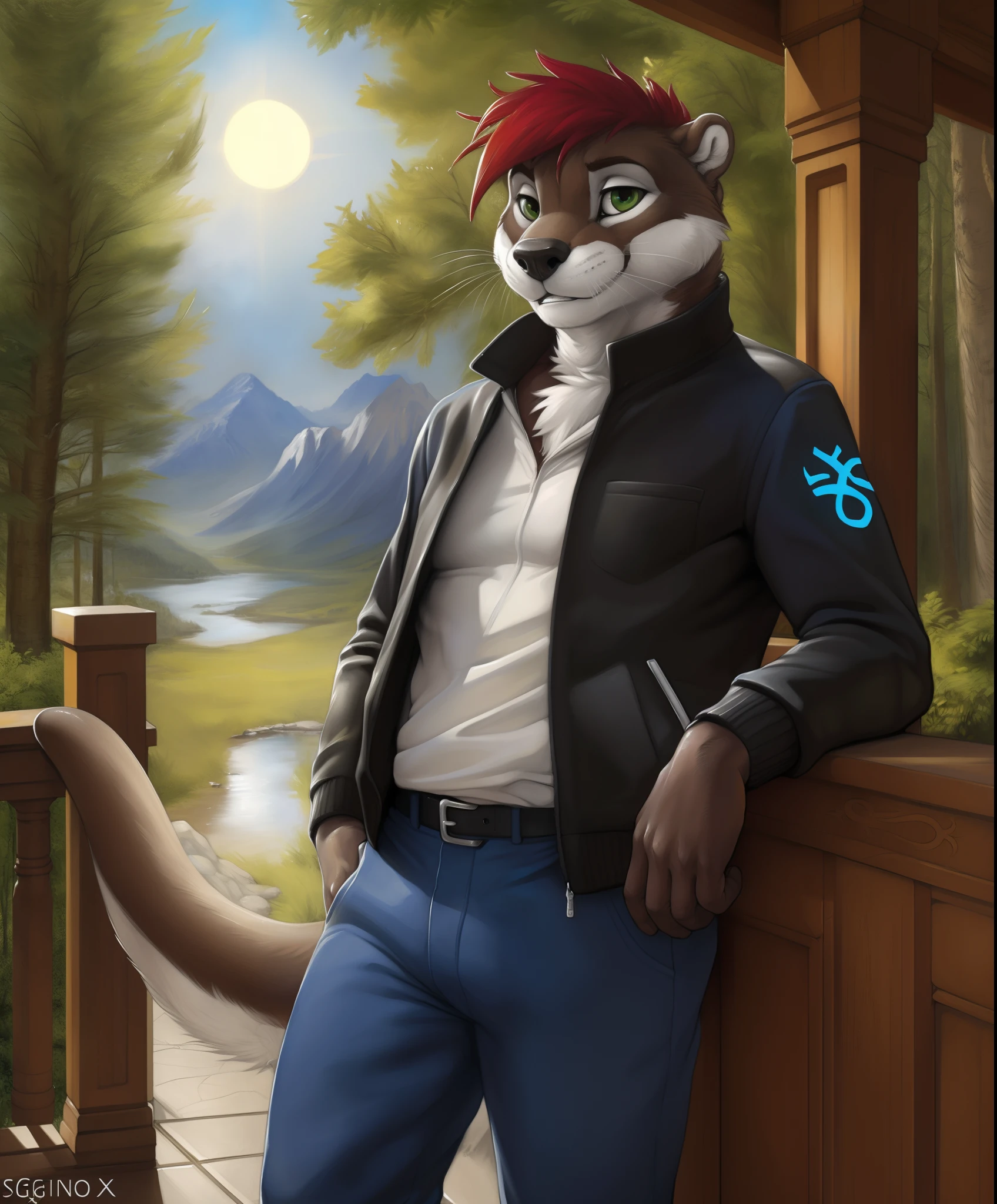 (hi res, absurd res, ultradetailed, intricate details), ((detailed face)), anthro (otter), good composition, indoor, porch, garden, outside:1.25, (by zaush, by anhes, by chunie, by truegrave9, by fluffx, by sigma_x), (detailed eyes, sun reflection in eyes), looking at viewer, posing, (by ewgengster \(artist\), by ruaidri, by sicklyhypnos, by tush, by daigaijin, by nirvana3, by ryuuzenga, by longinius, by toots, by blotch), (traditional media \(artwork\)):1.25,, clothed, scars, red_hair, green_eyes, pants, jacket, pupils, curled_tail, tail, 5_fingers):1.25, (runes, sigils, symbols):1.5,