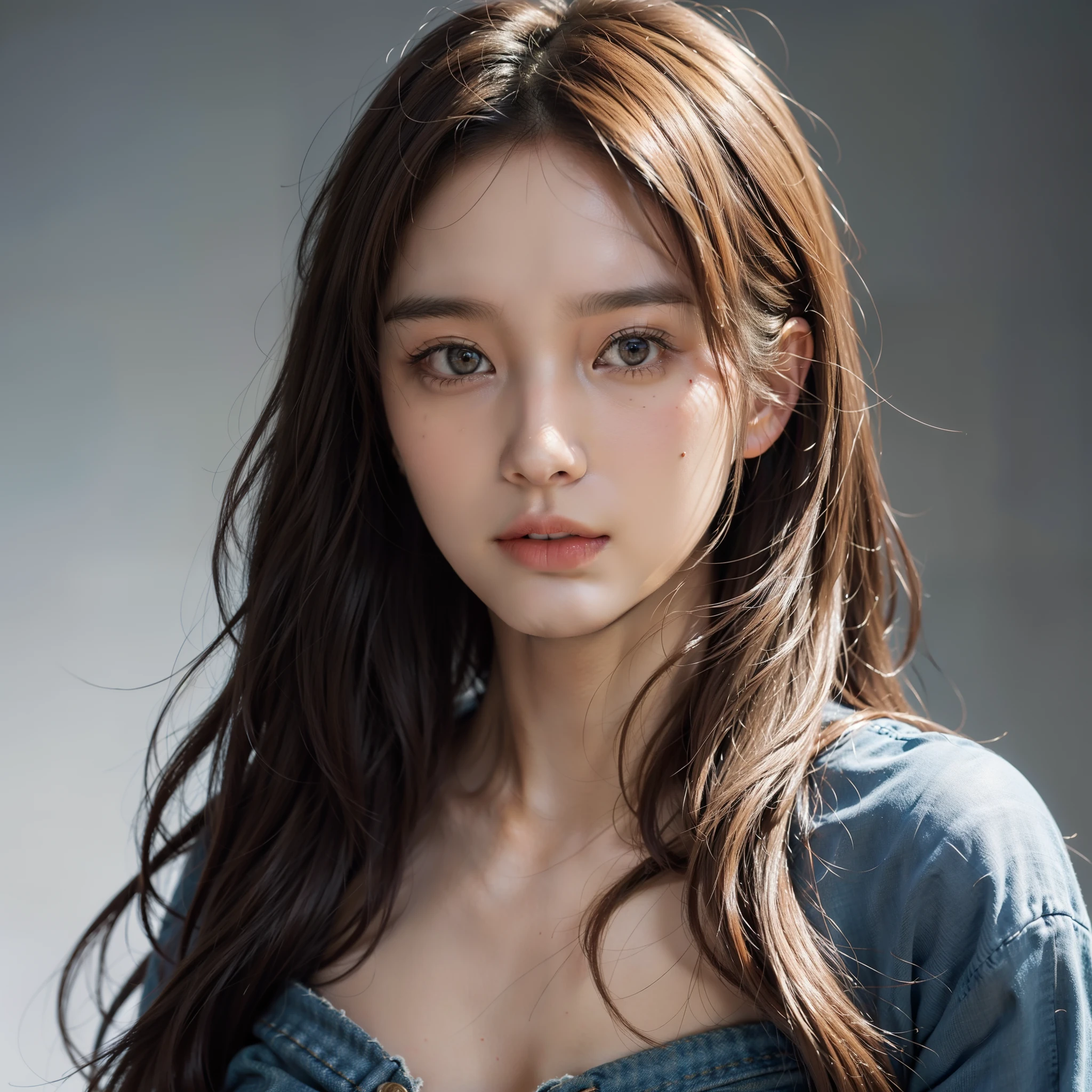 high qulity，Award-Awarded，Fantasyart，photographrealistic，动态照明，artstation，poster for，Volumetriclighting，Very detailed faces，4 k，1a girl，in the darkness nigth，deep shading，tear-mole，low tune，Low-cut clothing，Extra-short jeans，long whitr hair,the rule of thirds，closeup cleavage，Upper body photo，minimal style，Minimalist background，