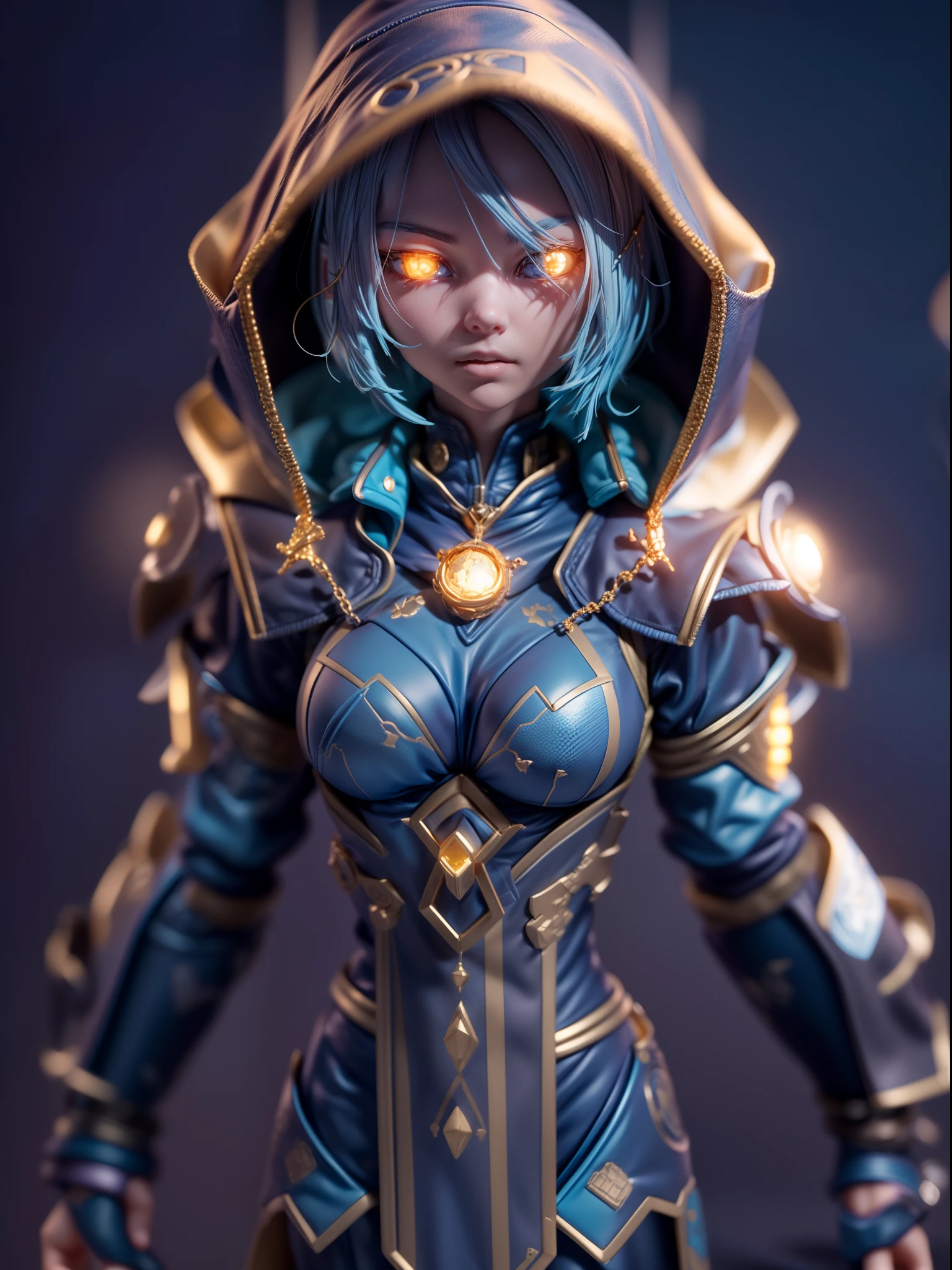 (Blind box toy style:1.3),(Tilt-Shift:1.4), (Full body shot) , (1 female mage)(((solo))) plastic armor,Cloth hood,cyberpunk style, dreamy glow, Clean background,gold and blue style,(circular base) ( Global illumination, Ray tracing, hdr, unreal render,reasonable design, high detail, Masterpiece, Best quality, hyper HD, Cinematic lighting)