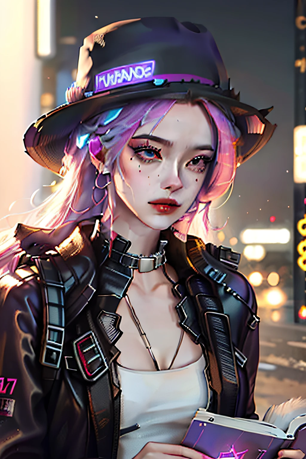 wearing hat,Cyberpunk-inspired short outfits,Take the book,Libido boy,Book close-up,