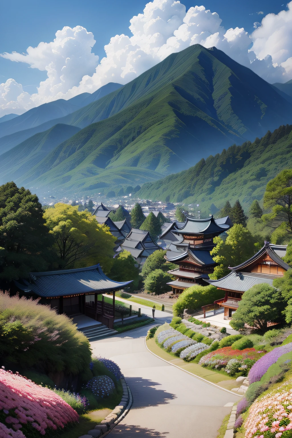 Clouds shrouded,yamamura,Mountains full of flowers,god light,Winding paths,Han architecture,Taoist,best qualtiy,tmasterpiece,A high resolution,