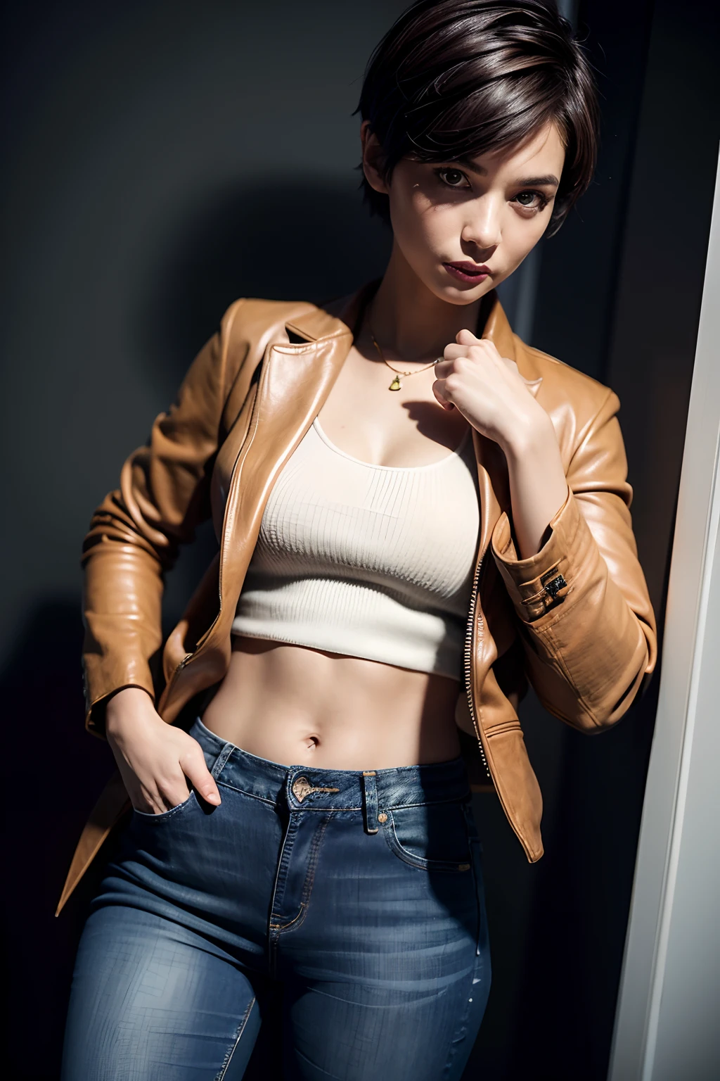 Masterpiece, High quality,1girll,Solo,Middle breast , Short hair, (hair between eye),(00BFFE Pixie cut), Bat wings, Disappointed face,(Embroidered sweater, Cropped flared jeans, Leather blazer)