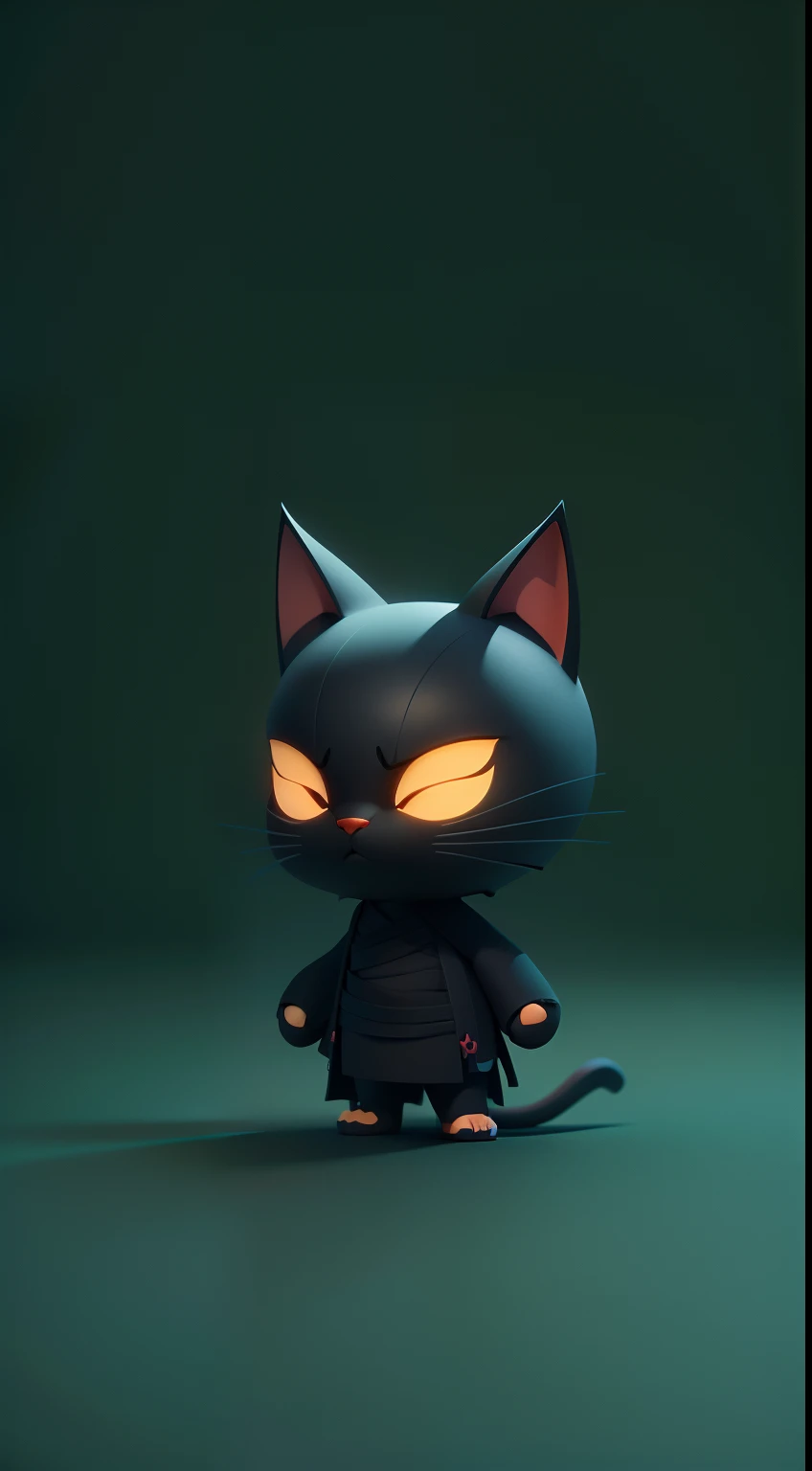 Create a vibrant dark fantasy cute ninja cat in a clean-lined minimalistic cartoon style, octane render, 8k