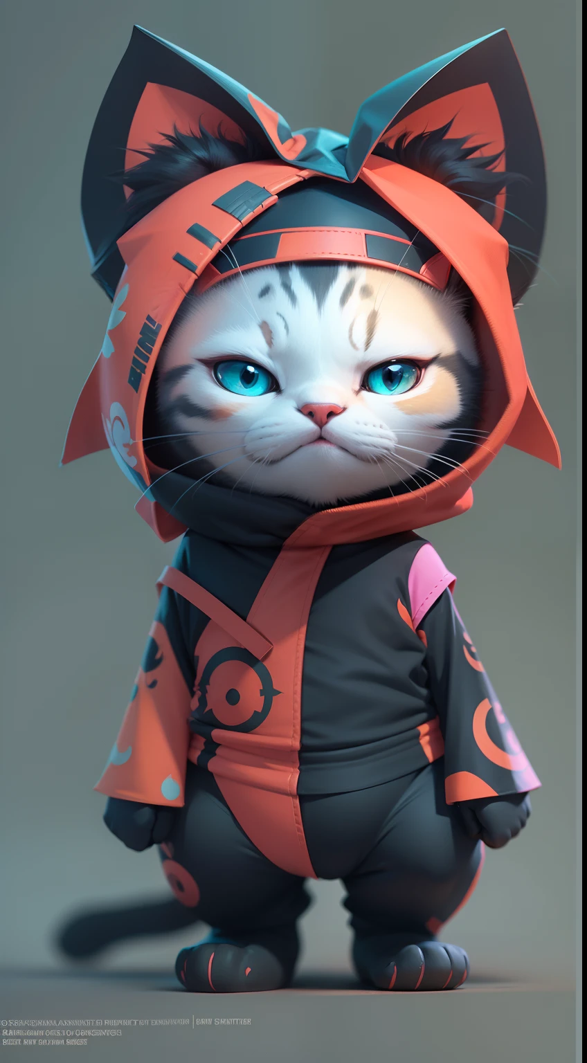 Create a vibrant dark fantasy cute ninja cat in a clean-lined minimalistic cartoon style, octane render, 8k