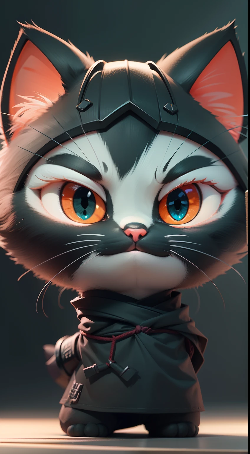Create a vibrant dark fantasy cute ninja cat in a clean-lined minimalistic cartoon style, octane render, 8k