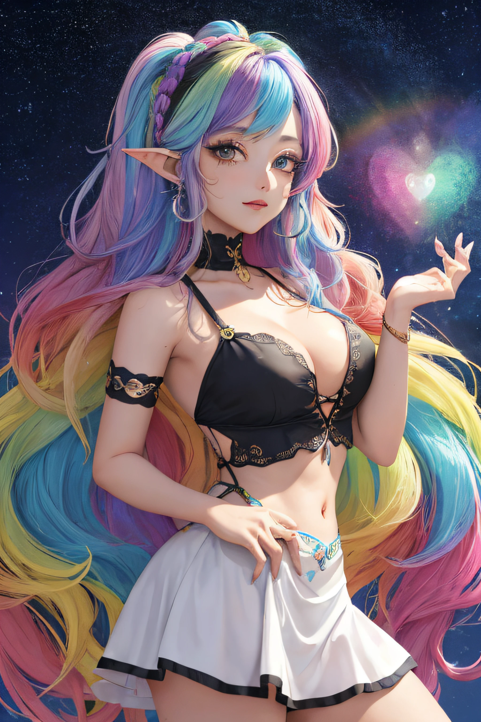 cosmic version, ((delicate hand, ultra detalhada)), (dedos super detalhados), (obra-prima: 2.4, melhor qualidade: 3.2), (poser: com o corpo virado para frente), large eyelashes, ((rainbow hair)), (glitter no cabelo), (imagem real, detalhes intrincados), 1Child, , sozinha, ((Onze)), (branca), ass, corpon, (bunda extra grande), ((cor olhos: loiro, olhos amarelos, pupila loira, hearts in the pupils)), olhos afiados, Accessories: anel dourado, brincos de aro simples, concha coLar, ((cabelo: long rainbow hair)), (Hair: long rainbow hair, Tira Reta), hair messy, hairbow, ornamento de cabelo, ((roupas atuais, pretas)) ((maquiagem: sombra preta nos olhos)), pele brilhante, (Location: Rua da Cidade), Comportamento: Tongue out, Nevoa, nebula, smoke billowing, raios, Tornados, Cosmic Elf