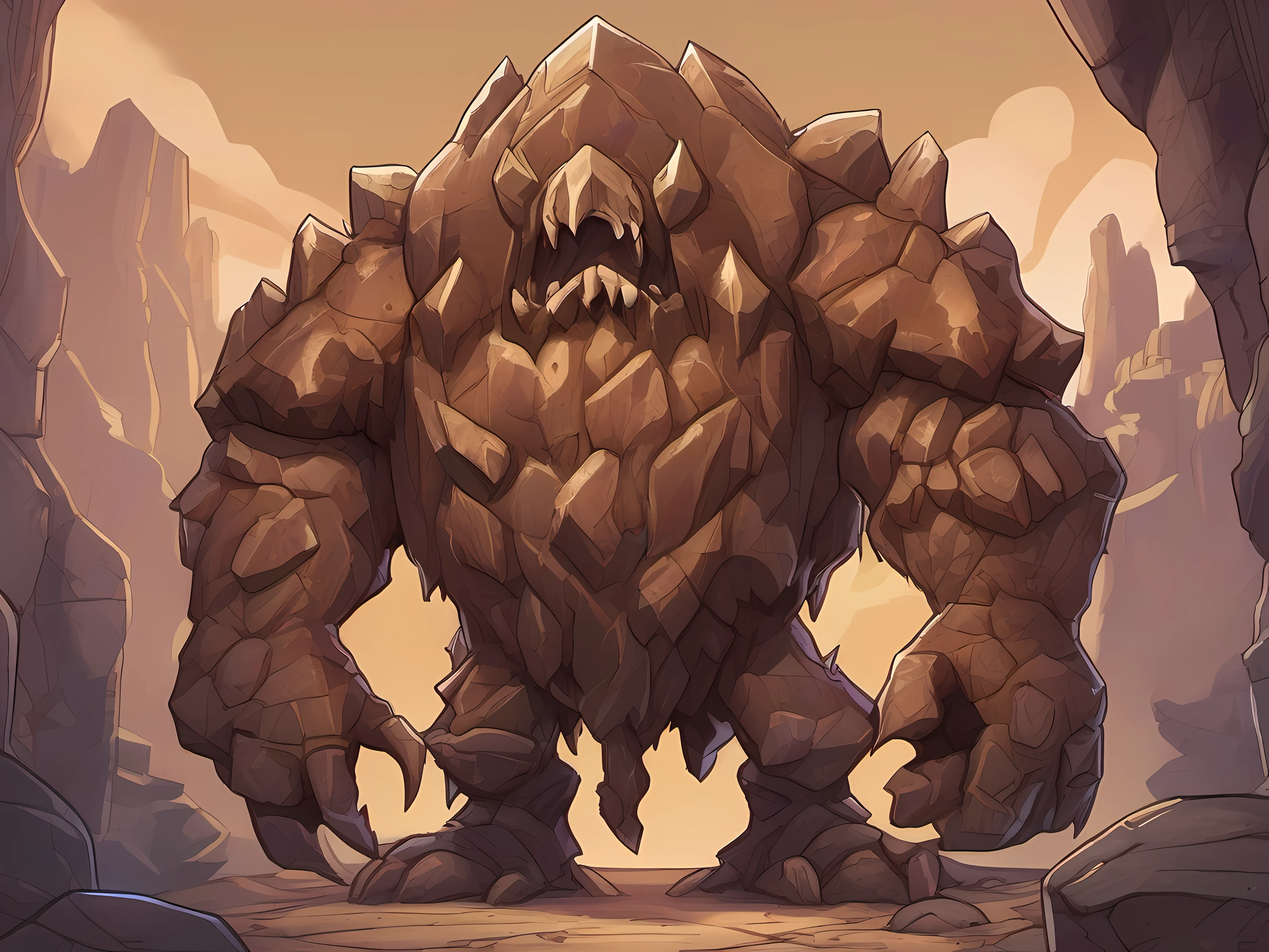 cartoon illustration of a rock elemental rock monster in a dungeon, fantasy rock monster portrait, brown rocky elemental rock monster, fantasy rock enemy, rock monster character art, rock elemental standing, medium portrait of a rock monster, earthy theme, fantasy rock enemy, portrait of a rocky enemy, mobile game art, stylized game art, 2d game art, 2 d game art, digital illustration, dungeon background, high detail, high quality, concept art, character design