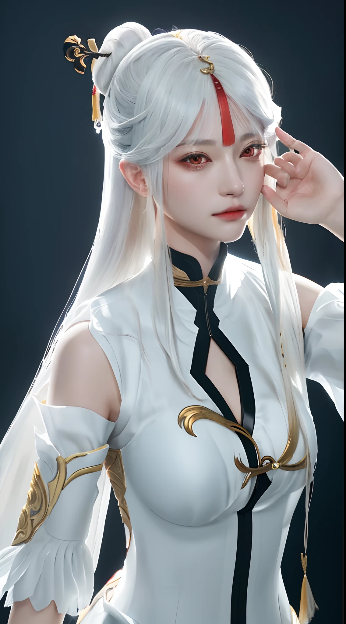 (extremely detailed CG unity 8k wallpaper,masterpiece, best quality, ultra-detailed),(best illumination, best shadow, an extremely delicate and beautiful), floating, high saturation,
dynamic angle, ((1girl)), gorgeous, ningguang \(genshin impact\),
white hair, red eyes, very long hair,  hair ornament, bangs