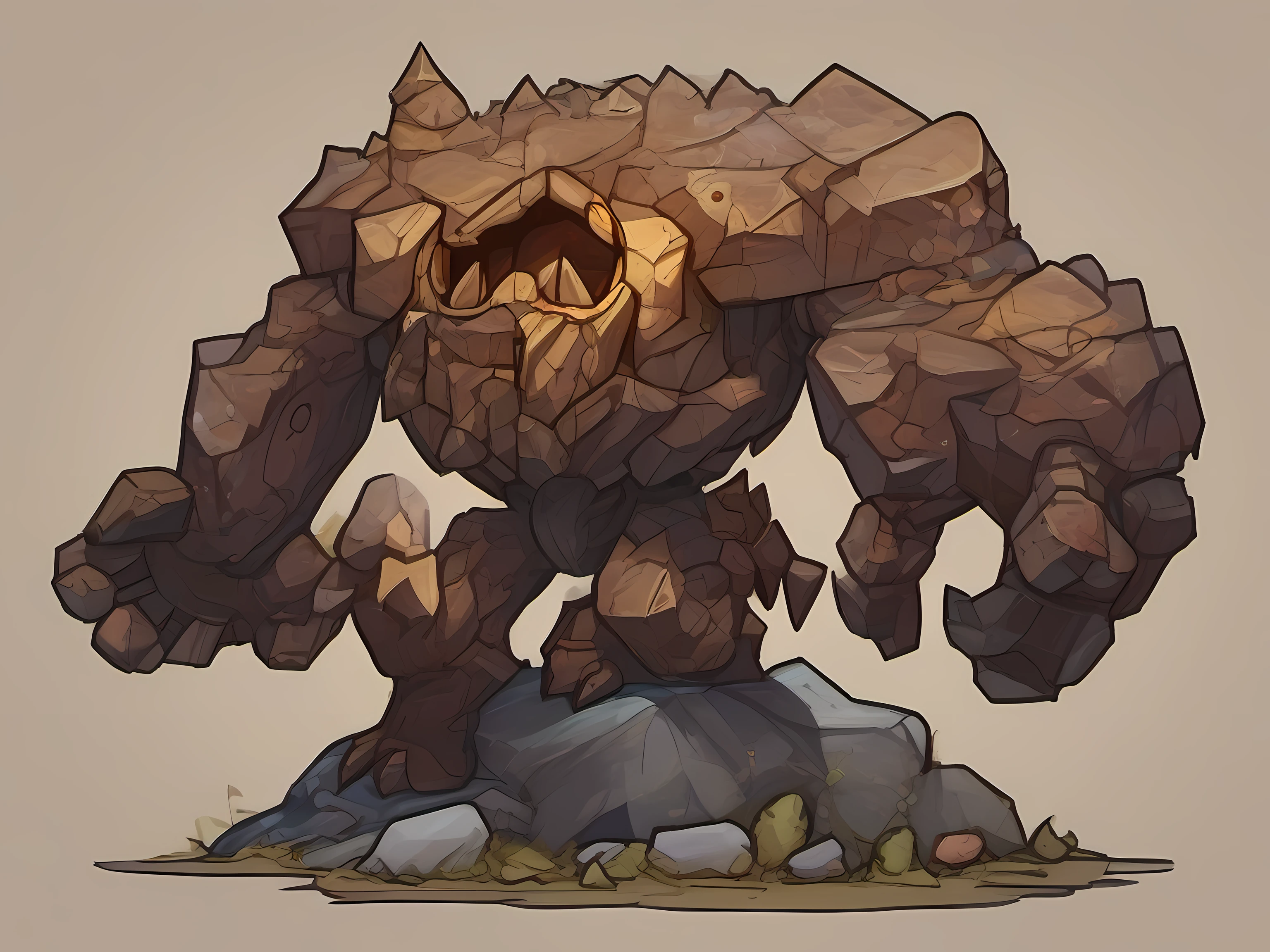cartoon illustration of a rock elemental rock monster in a dungeon, fantasy rock monster portrait, brown rocky elemental rock monster, fantasy rock enemy, rock monster character art, rock elemental standing, medium portrait of a rock monster, earthy theme, fantasy rock enemy, portrait of a rocky enemy, mobile game art, stylized game art, 2d game art, 2 d game art, digital illustration, dungeon background, high detail, high quality, concept art, character design