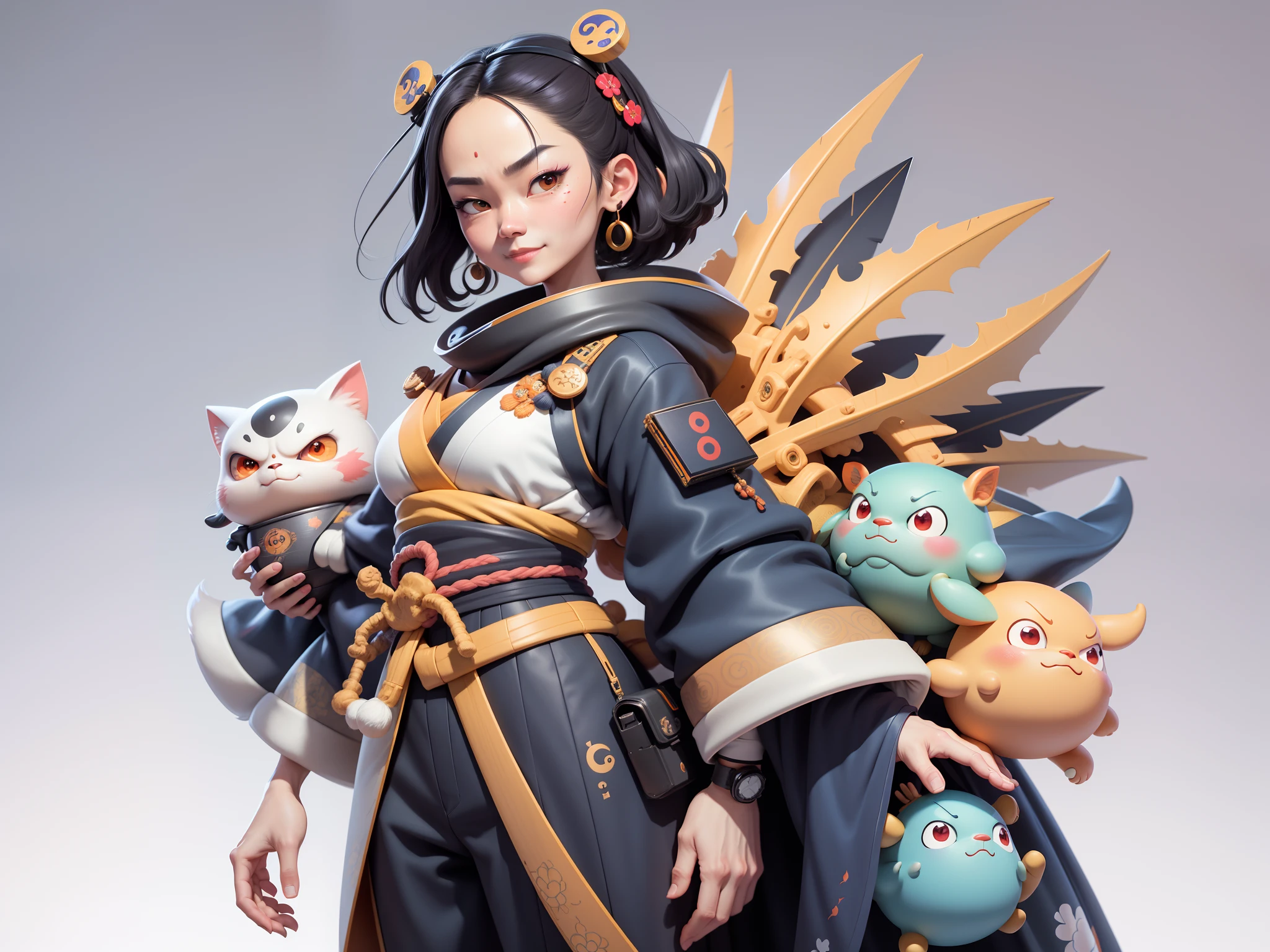 (Daisaku),(Need),(Super meticulous),(full bodyesbian:1.2),Japanese ukiyo-e girl,japanese geisha,Beautiful,Oriental dragon,Aeolian Thor,Raised sexy,爆乳,Oriental face,TV Anchor,Bust portrait illustration,Alone,In black suit,a blue tie,The face is slightly chubby,The face was clean,without a beard,Black super short hair,Black eyes,Smile confidently,3C computer sub-products,iPad, iphone,Digital painting,3D character design by Mark Clairen and Pixar and Hayao Miyazaki and Akira Toriyama,The illustration is a high-definition illustration in 4K resolution,With very detailed facial features and cartoon-style visuals。