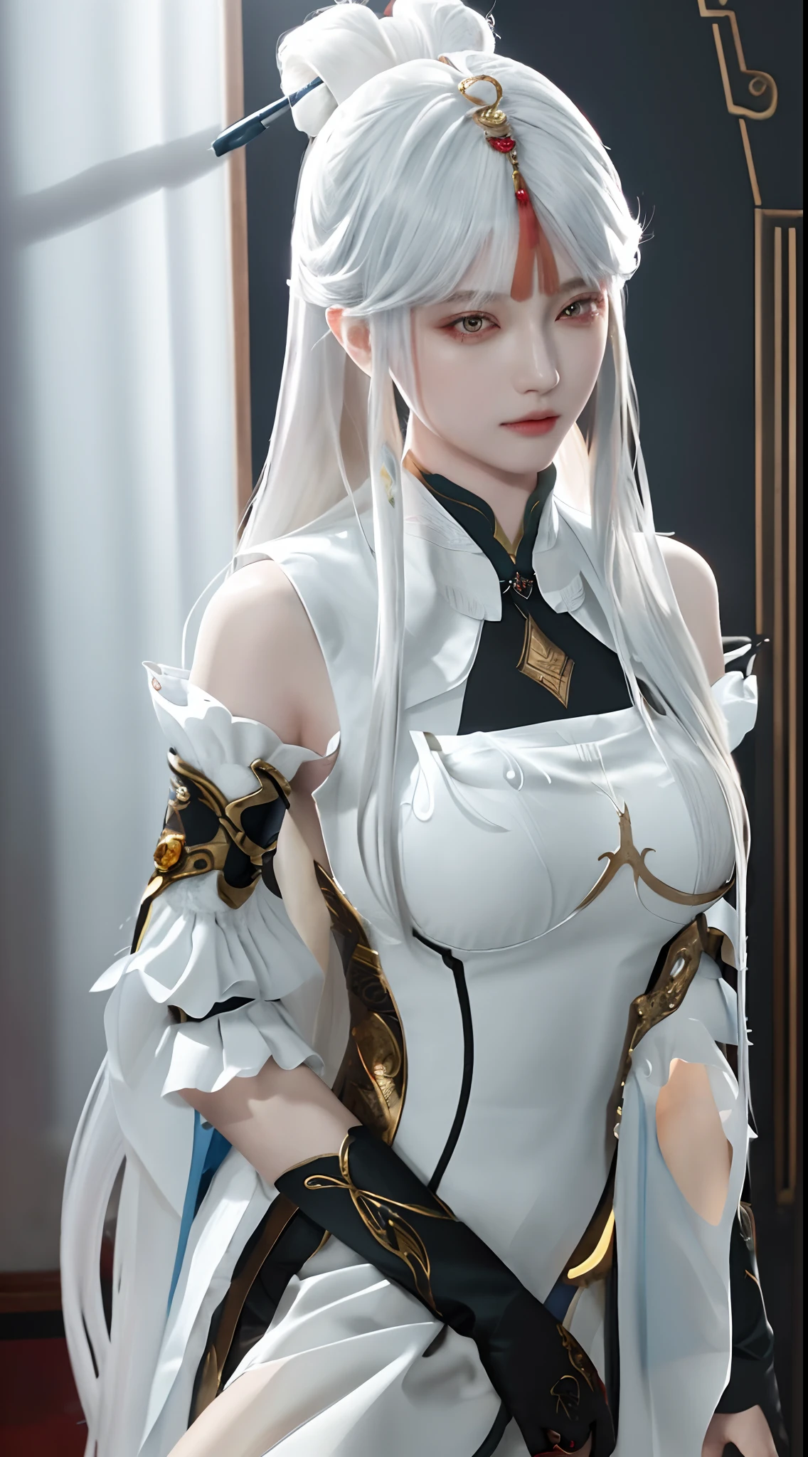 (extremely detailed CG unity 8k wallpaper,masterpiece, best quality, ultra-detailed),(best illumination, best shadow, an extremely delicate and beautiful), floating, high saturation,
dynamic angle, ((1girl)), gorgeous, ningguang \(genshin impact\),
white hair, red eyes, very long hair,  hair ornament, bangs