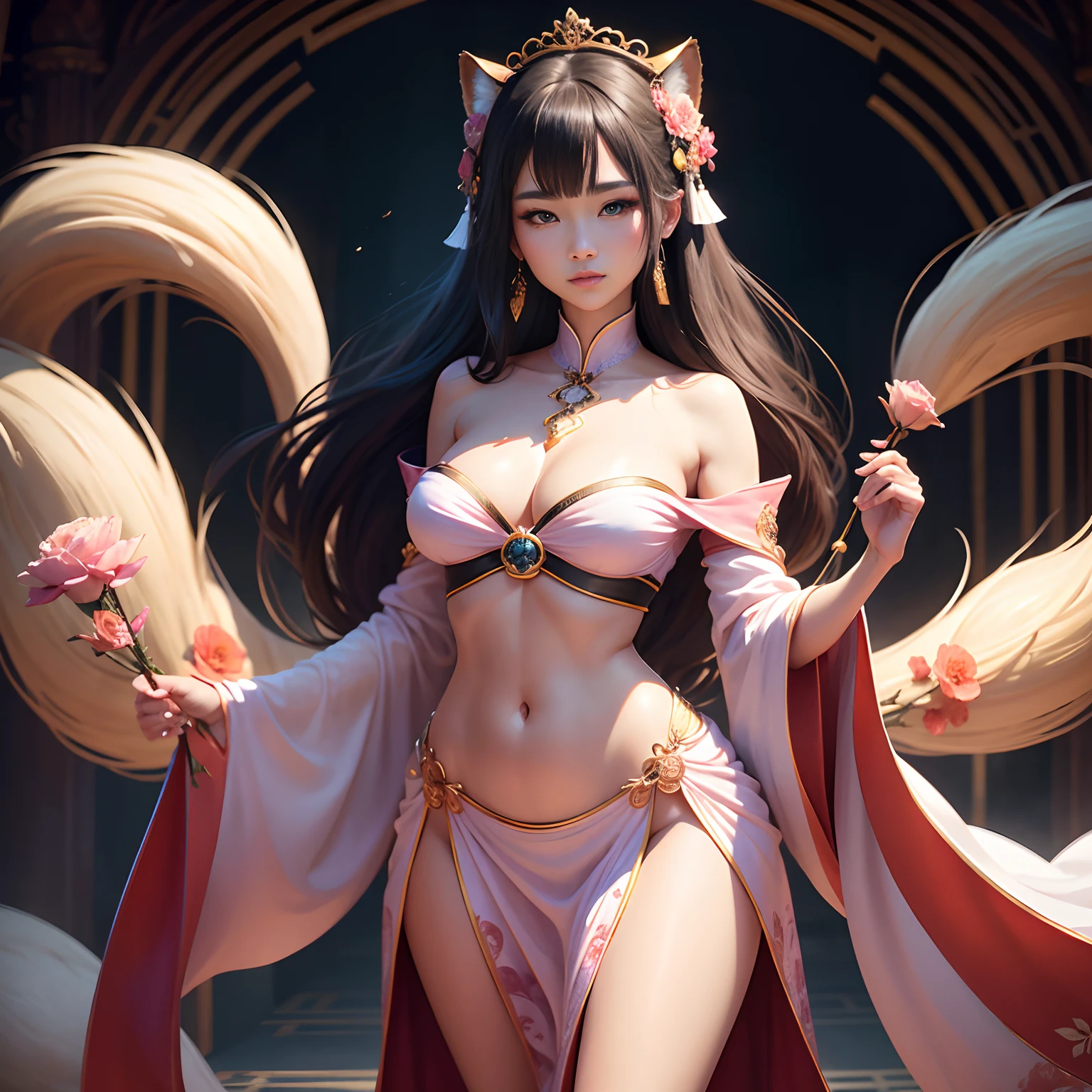 (tmasterpiece,best qualtiy), Complicated details, (best qualtiy)), ((tmasterpiece)), ((Realistis)), (ultra-realistic realism:1.2), (s fractal art:1.2), 1(Beautuful Women,独奏,(nine tail fox)),(delicated(Peach pink)belly-bar),(Gorgeous Hanfu off-the-shoulder long dress,Flowers decorate the decoration),Exquisite headdress,voluptuous figure,(Nine fox tails(shaggy,prette,Learn white tails)),8kHD ,Highest image quality,extreme hight detail,Enrich the picture,Ultra HD LCD screen,True skin texture,White skin texture,Consistent with human anatomy,In line with aesthetic principles,Douluo Continent。Eyes of extreme detail, rich colourful, highest details, vivd colour, hight contrast, (8K UHD:1.2), (realisticlying:1.2), --auto