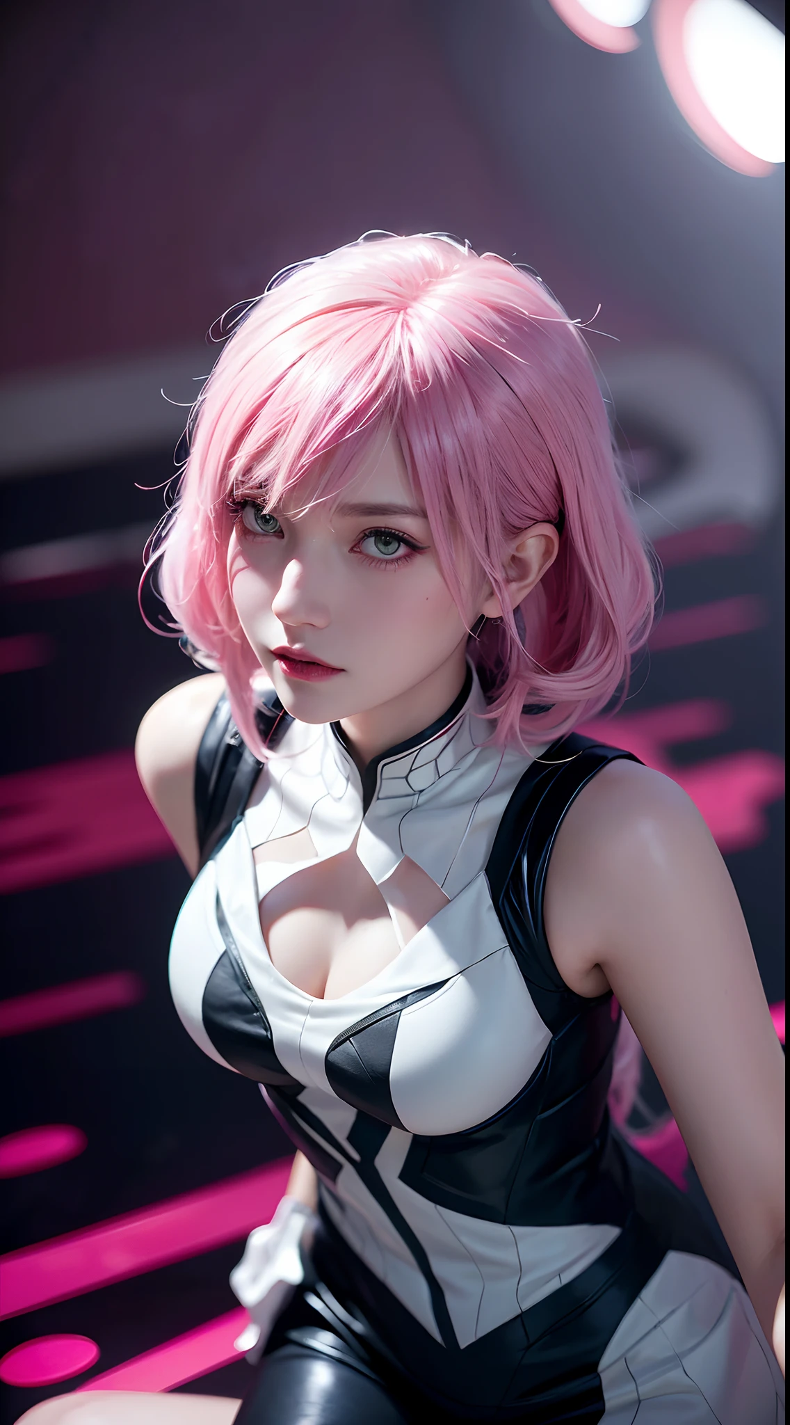Spider Gwen Gwen in a black and pink outfit, organic looking outfit, gooey forehead, symbiote, white eyes, fine art, PS5 cinematic screenshot, highly detailed detailed cinematic rendering, ultra photorealistic raytricing, with cinematic lighting