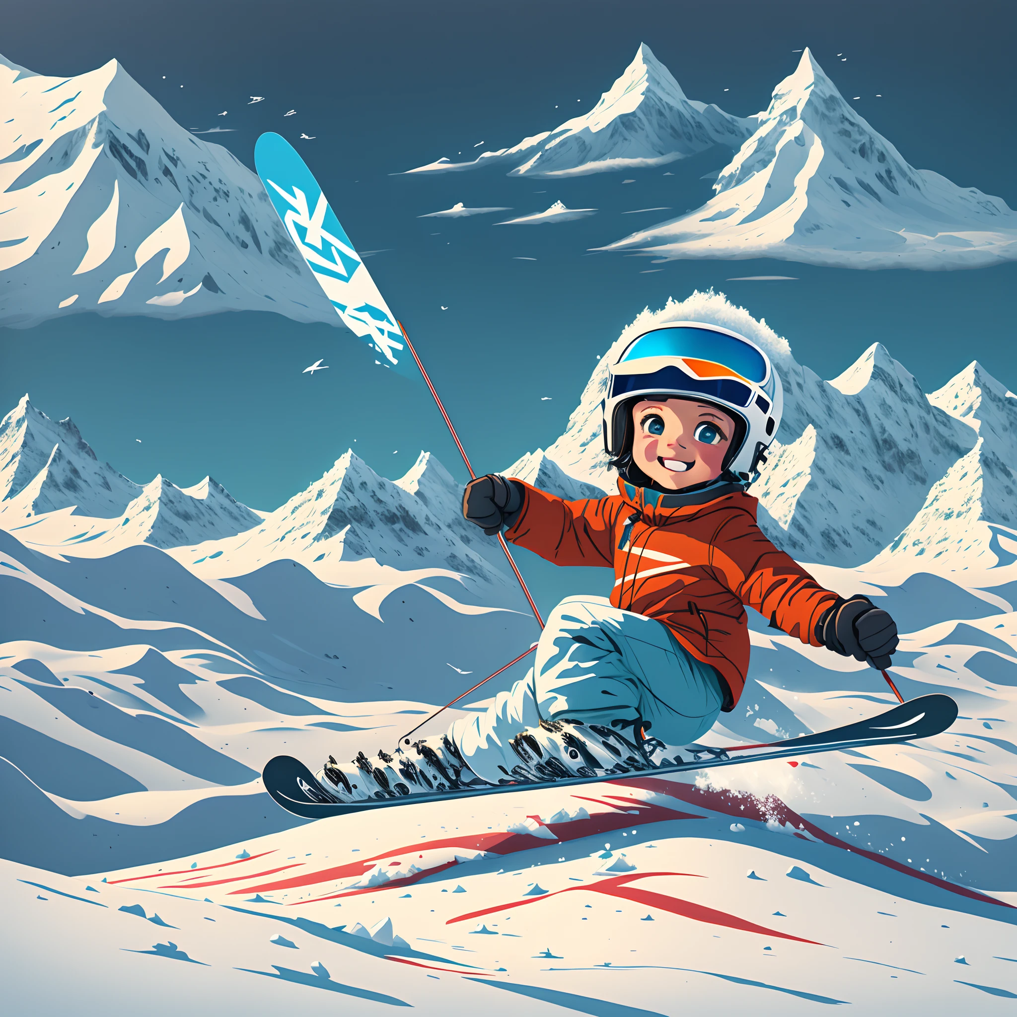 logo design forchildren skiing,vector, detailed, flat , 2d, Vintage-inspired,Detailed illustration, skiing, mountains, snow --auto --s2