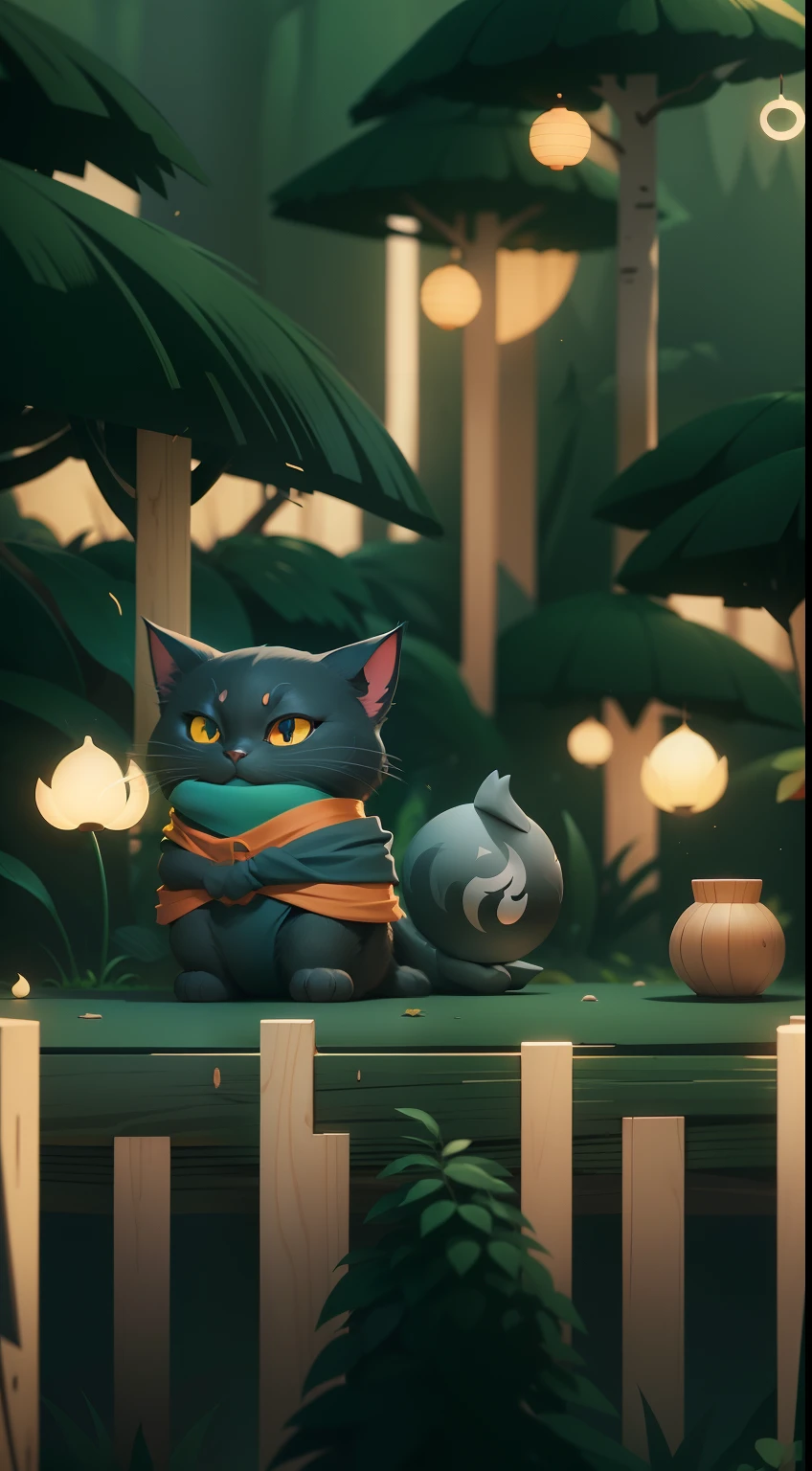 Create a vibrant dark fantasy cute ninja cat in a clean-lined minimalistic cartoon style, in the background a beautiful forest, octane render, 8k