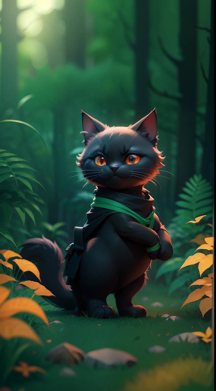 Create a vibrant dark fantasy cute ninja cat in a clean-lined minimalistic cartoon style, in the background a beautiful forest, octane render, 8k