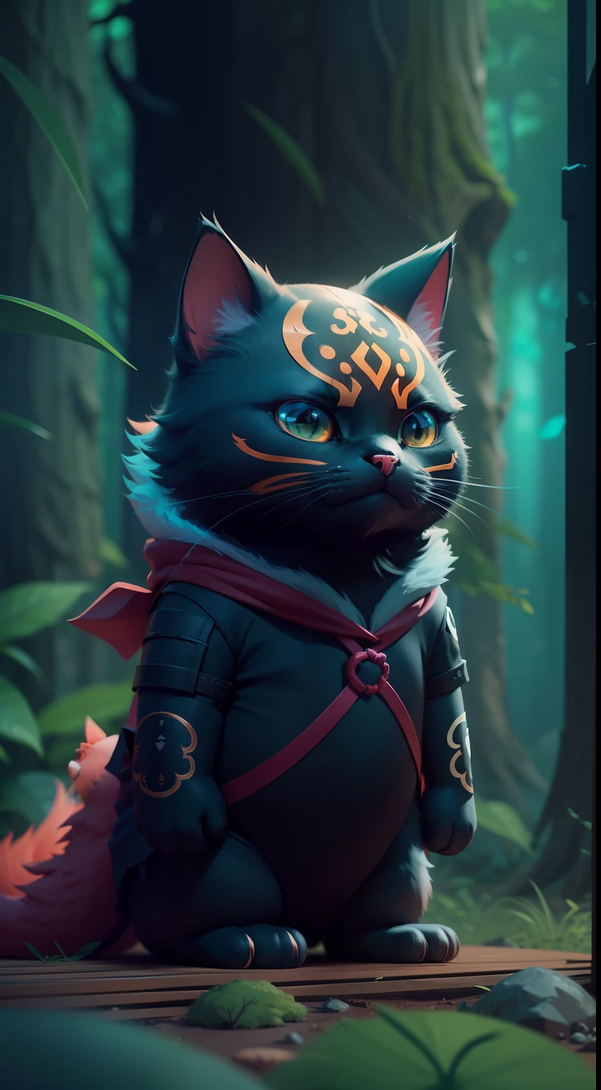 Create a vibrant dark fantasy cute ninja cat in a clean-lined minimalistic cartoon style, in the background a beautiful forest, octane render, 8k