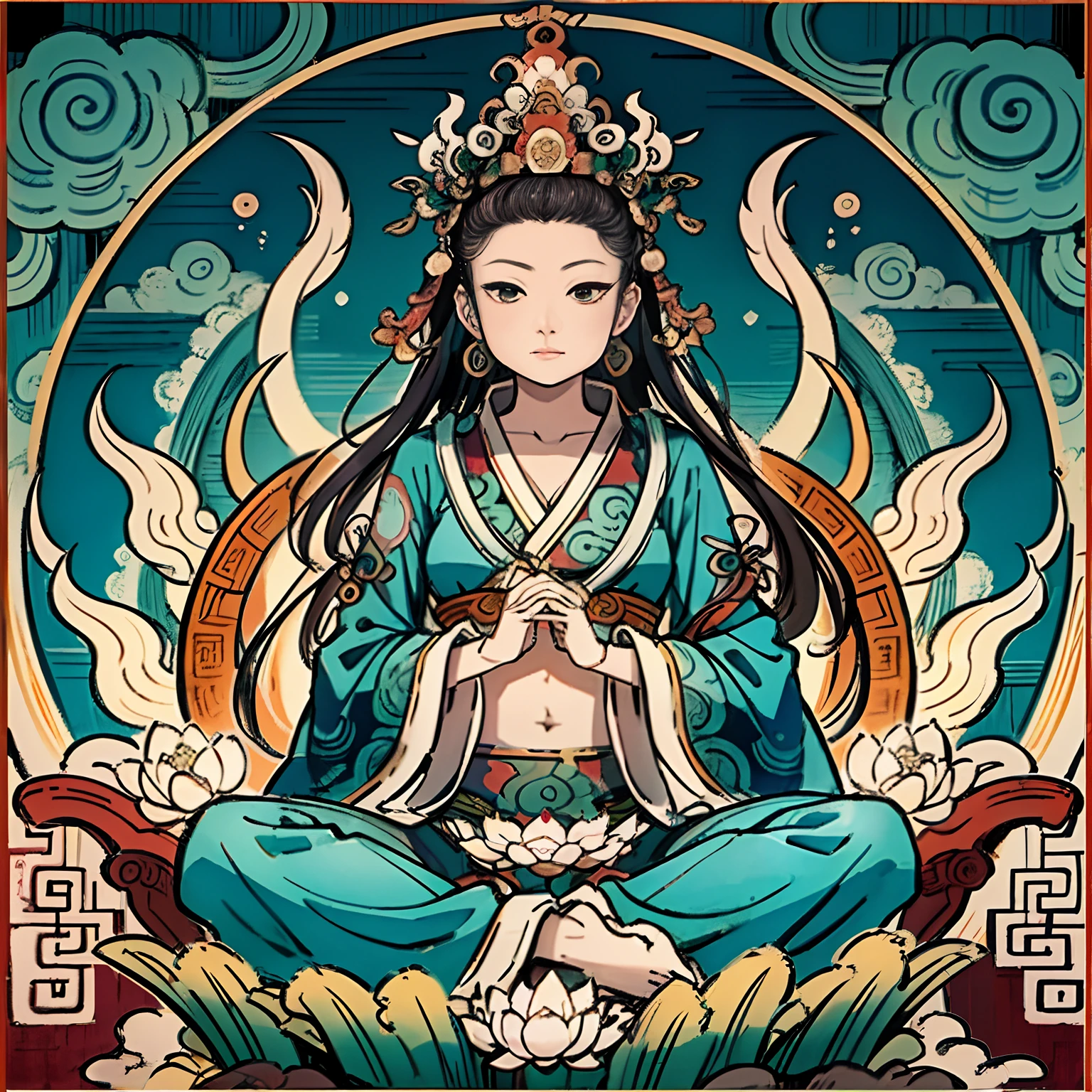 Woman sitting on a lotus,guanyin of the southern seas,Guanyin,contented female bodhisattva,jade sculpture,bodhisattva,queen of the sea mu yanling,serene,Serene expression,shui mo hua,Buddha,Buddhist,Lotus,Chinese painting style,Thangka style