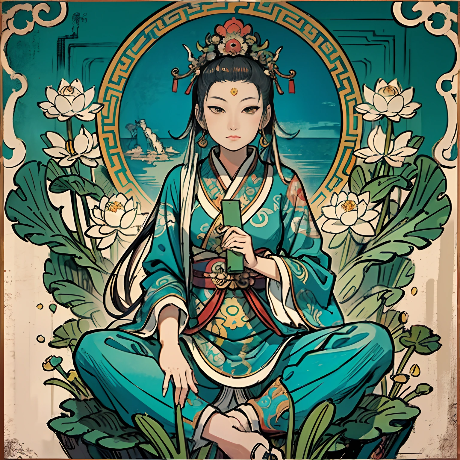 Woman sitting on a lotus,guanyin of the southern seas,Guanyin,contented female bodhisattva,jade sculpture,bodhisattva,queen of the sea mu yanling,serene,Serene expression,shui mo hua,Buddha,Buddhist,Lotus,Chinese painting style,Thangka style