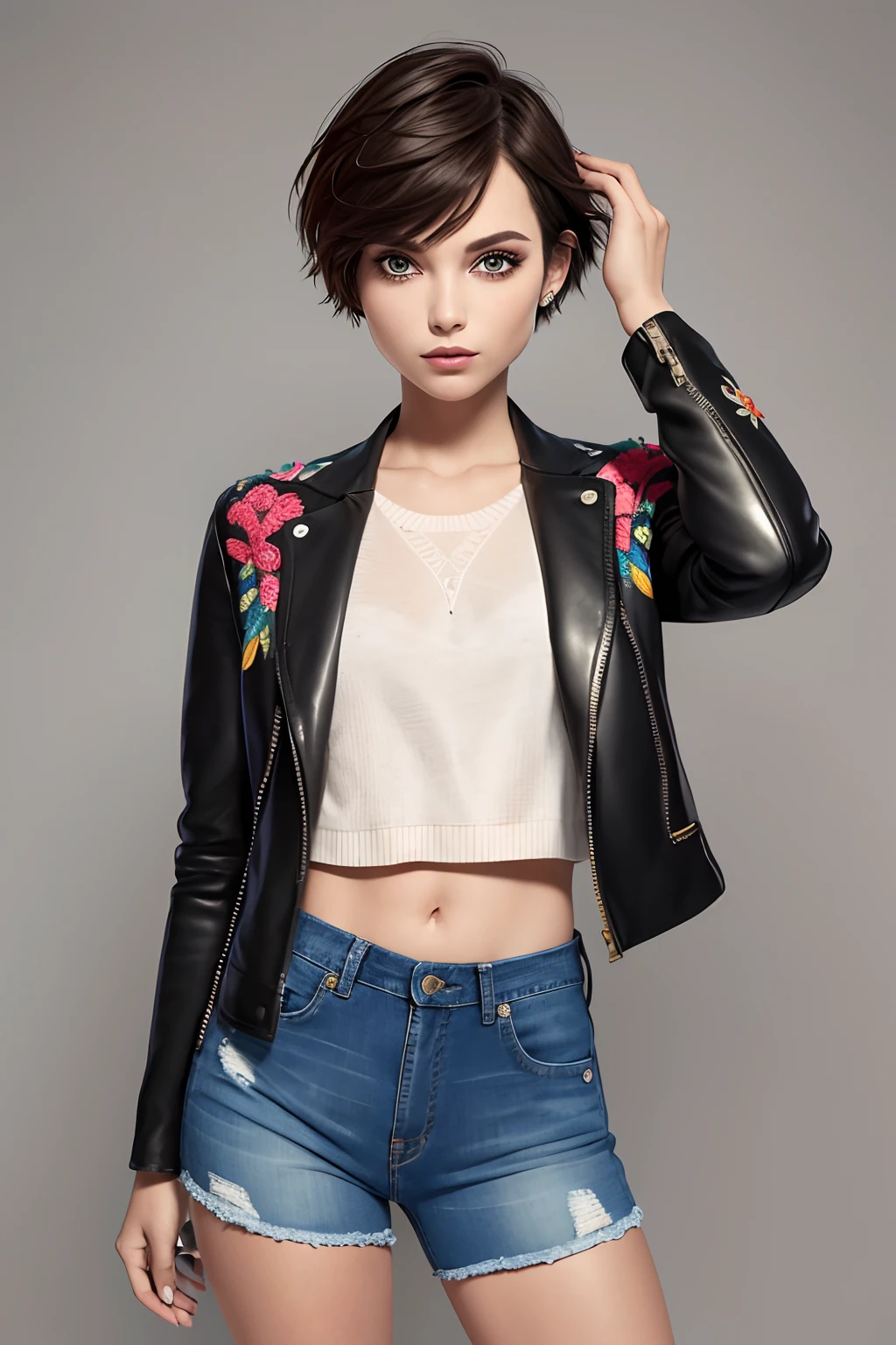 Masterpiece, High quality,1girll,Solo,Middle breast , Short hair, (hair between eye),(00BFFE Pixie cut),Disappointed face,(Embroidered sweater, Cropped flared jeans, Leather blazer)