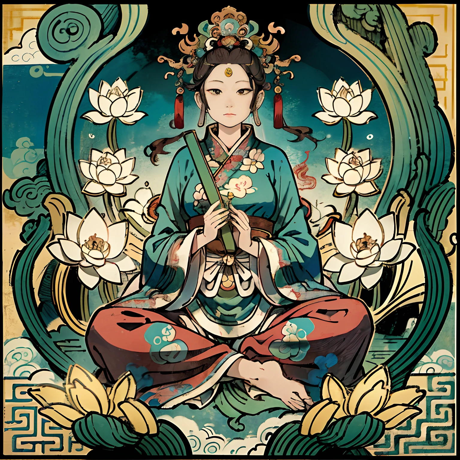 Woman sitting on a lotus,guanyin of the southern seas,Guanyin,contented female bodhisattva,jade sculpture,bodhisattva,queen of the sea mu yanling,serene,Serene expression,shui mo hua,Buddha,Buddhist,Lotus,Chinese painting style,Thangka style