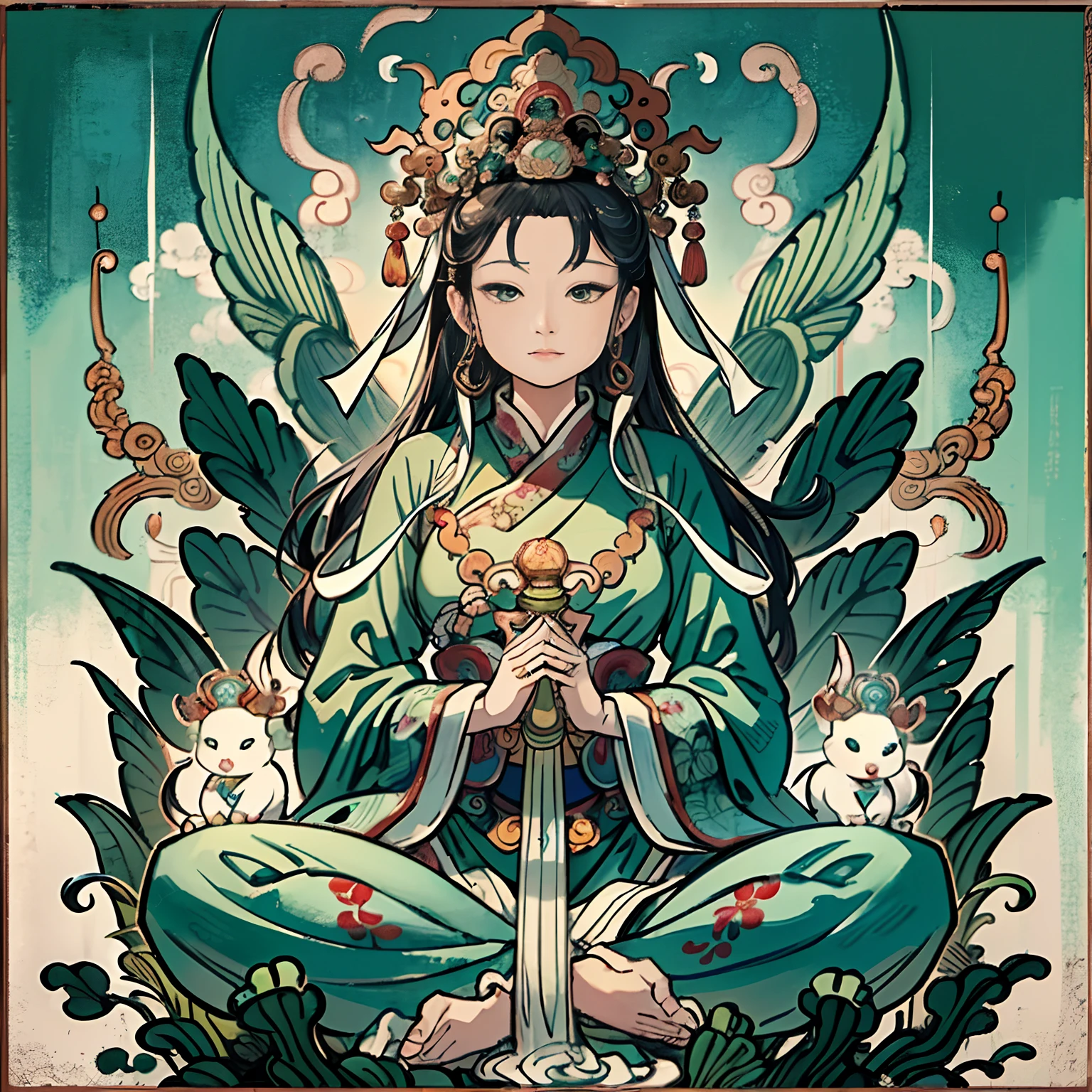 Woman sitting on a lotus,guanyin of the southern seas,Guanyin,contented female bodhisattva,jade sculpture,bodhisattva,queen of the sea mu yanling,serene,Serene expression,shui mo hua,Buddha,Buddhist,Lotus,Chinese painting style,Thangka style
