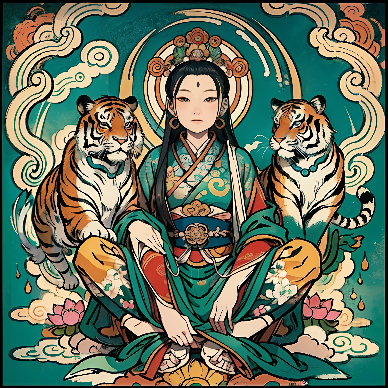 an ancient Chinese goddess, guanyin of the southern seas, Guanyin, Inspired by India, Avalokiteshvara rides a tiger,Serene expression,shui mo hua,Buddha,Buddhist,Lotus,Chinese painting style,Thangka style