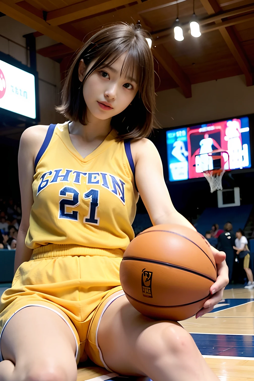 ulzzang -6500-v1.1, (Raw foto:1.2), (Photorealsitic:1.4), a beautiful detailed girl, extremely detailed eye and face, beatiful detailed eyes, Ridiculous, unbelievable Ridiculous, huge filesize, (a closeup:1.4),ultra-detailliert, hight resolution, ighly detailed, top-quality, ​masterpiece, ighly detailed, nffsw, unification, 8K Wallpaper, astonishing, finely detail, ​masterpiece, top-quality, Highly detailed ticker uniform 8K wallpaper, Light on the Face, Cinematographic lighting, 1girl in, sixteen years old, (((dynamicposes))), (camel's toe), (half), (panthyhose)A woman playing basketball, (Wearing Basketball_uniform:1.3), Yellow Uniform,
Good Hand,4K, hight resolution, masutepiece, Best Quality, Head:1.3,finely detailed skin, Sharp Focus, (Cinematic lighting), Night, Soft lighting, Dynamic Angle, [:(Detailed face:1.2):0.2],(((Basketball court))),Shoot Pose，Jumping，Short bob hairstyle